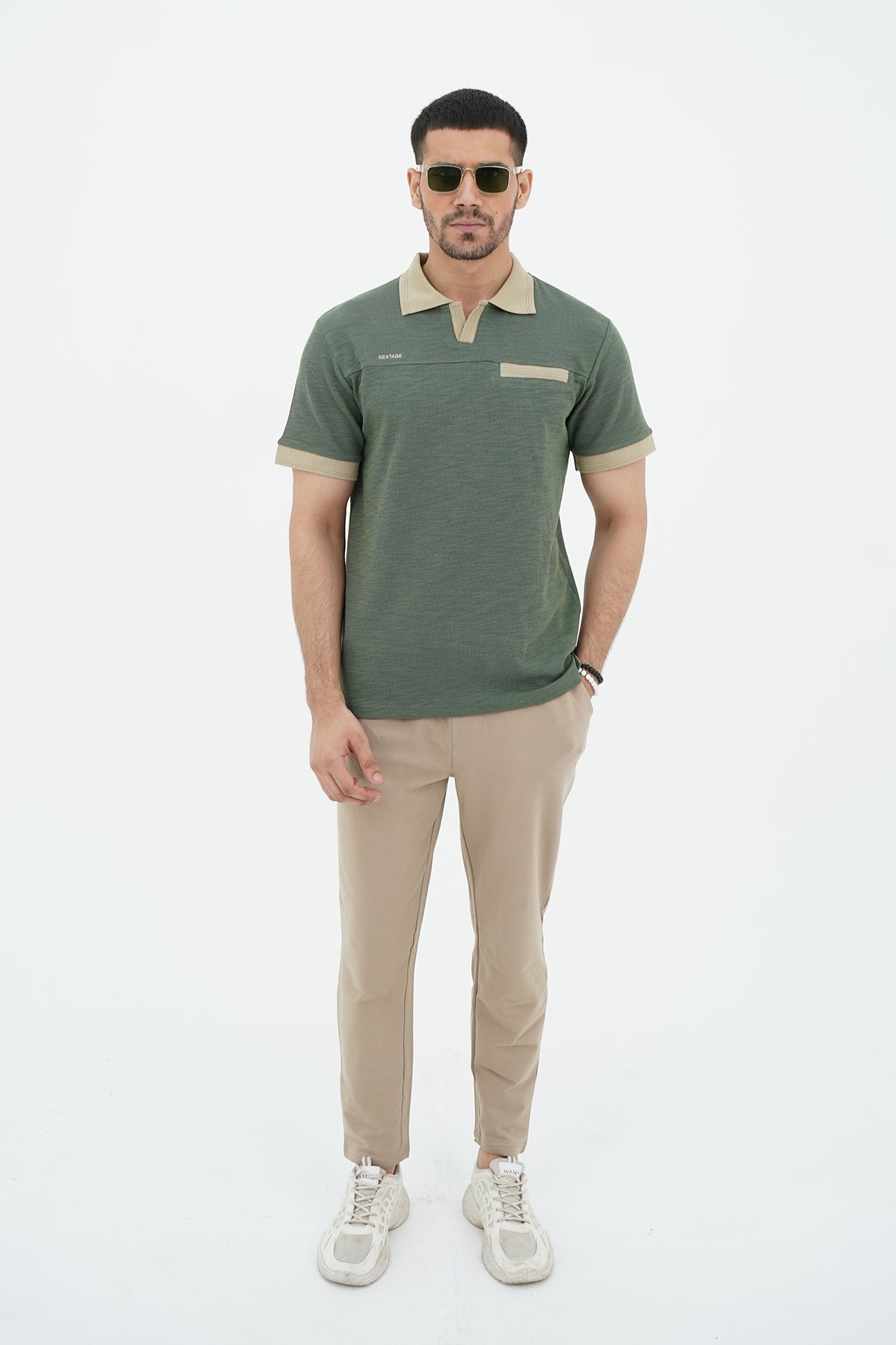 Green Slubbed Yarn Contrast Polo Tracksuit