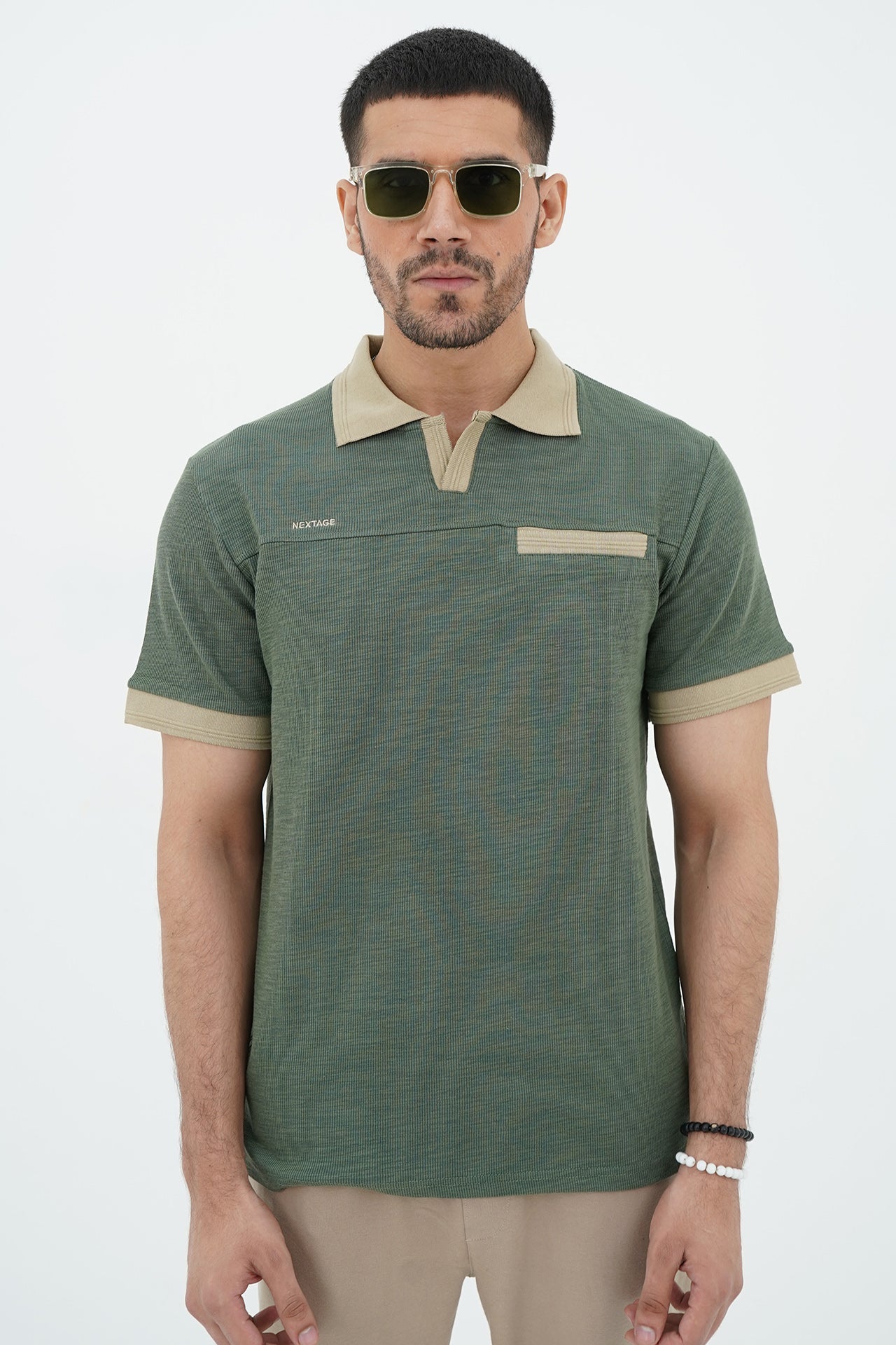 Green Slubbed Yarn Contrast Polo Tracksuit