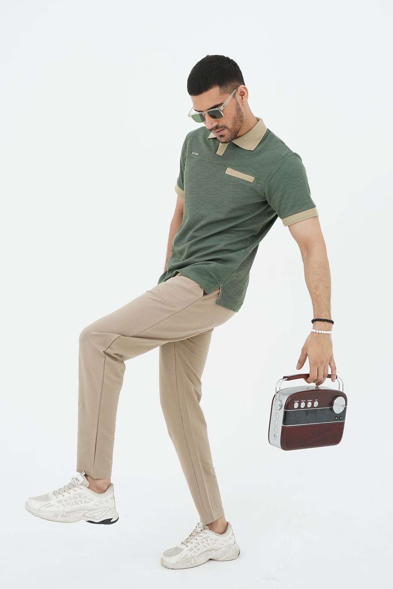 Green Slubbed Yarn Contrast Polo Tracksuit