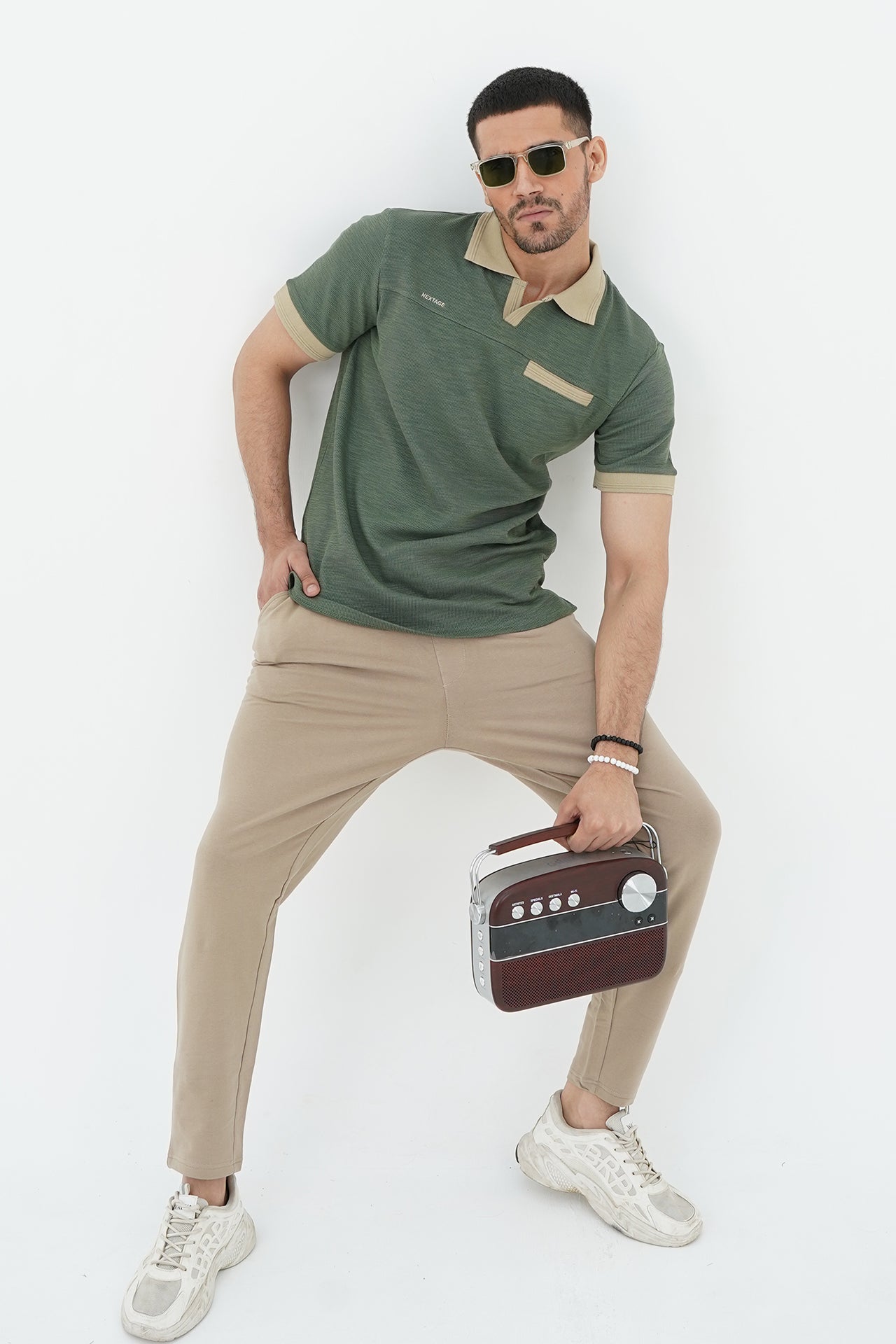 Green Slubbed Yarn Contrast Polo Tracksuit