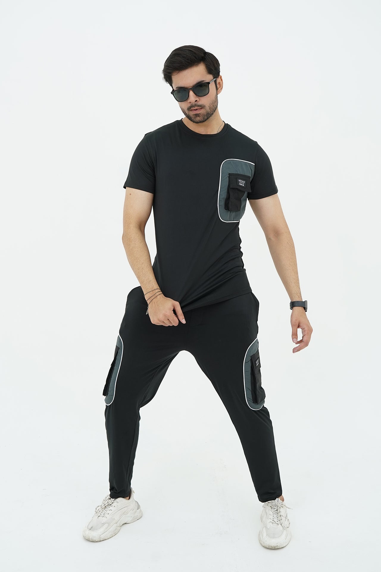 Black Spandex Dri Fit Grey panel Cargo Tracksuit