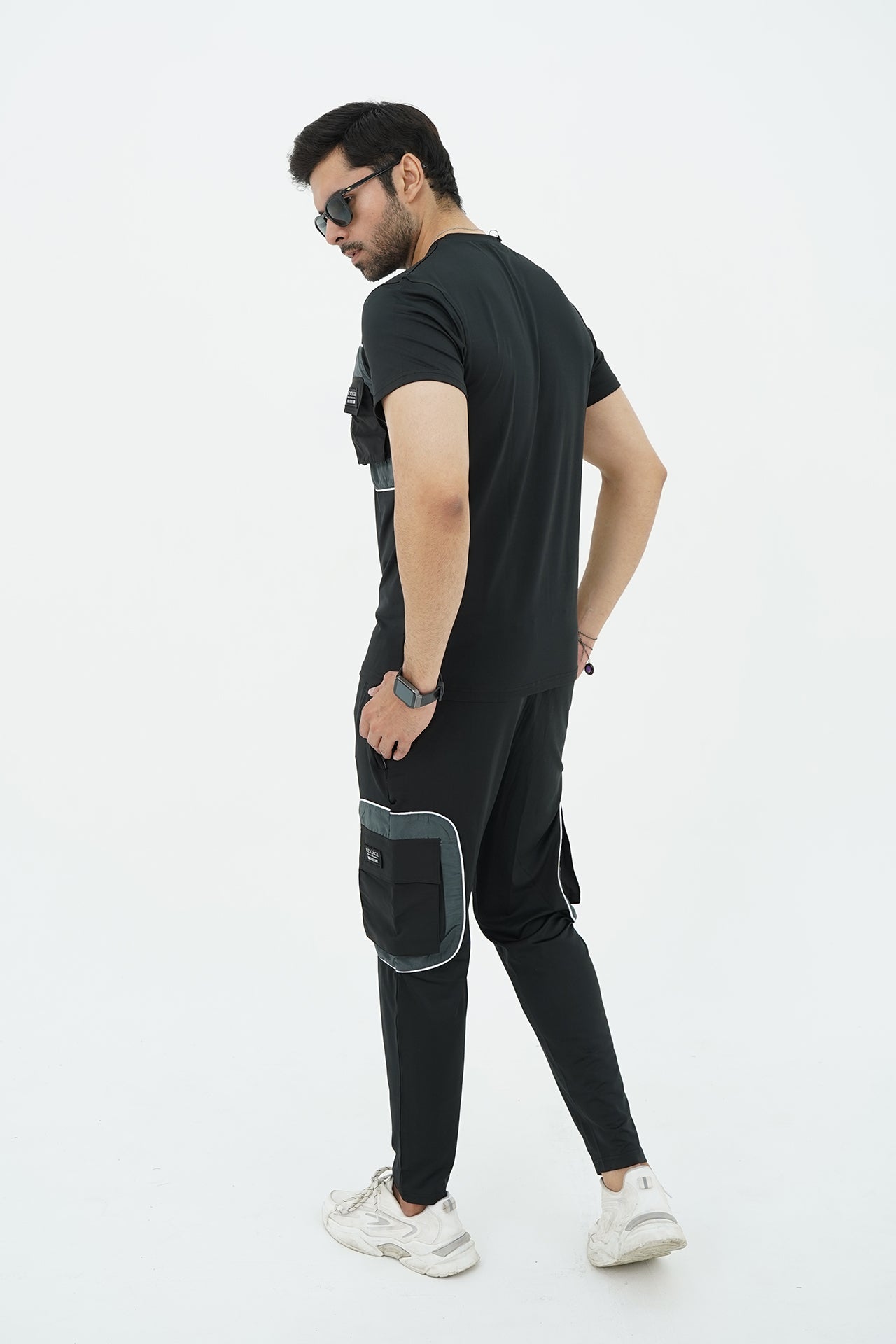 Black Spandex Dri Fit Grey panel Cargo Tracksuit