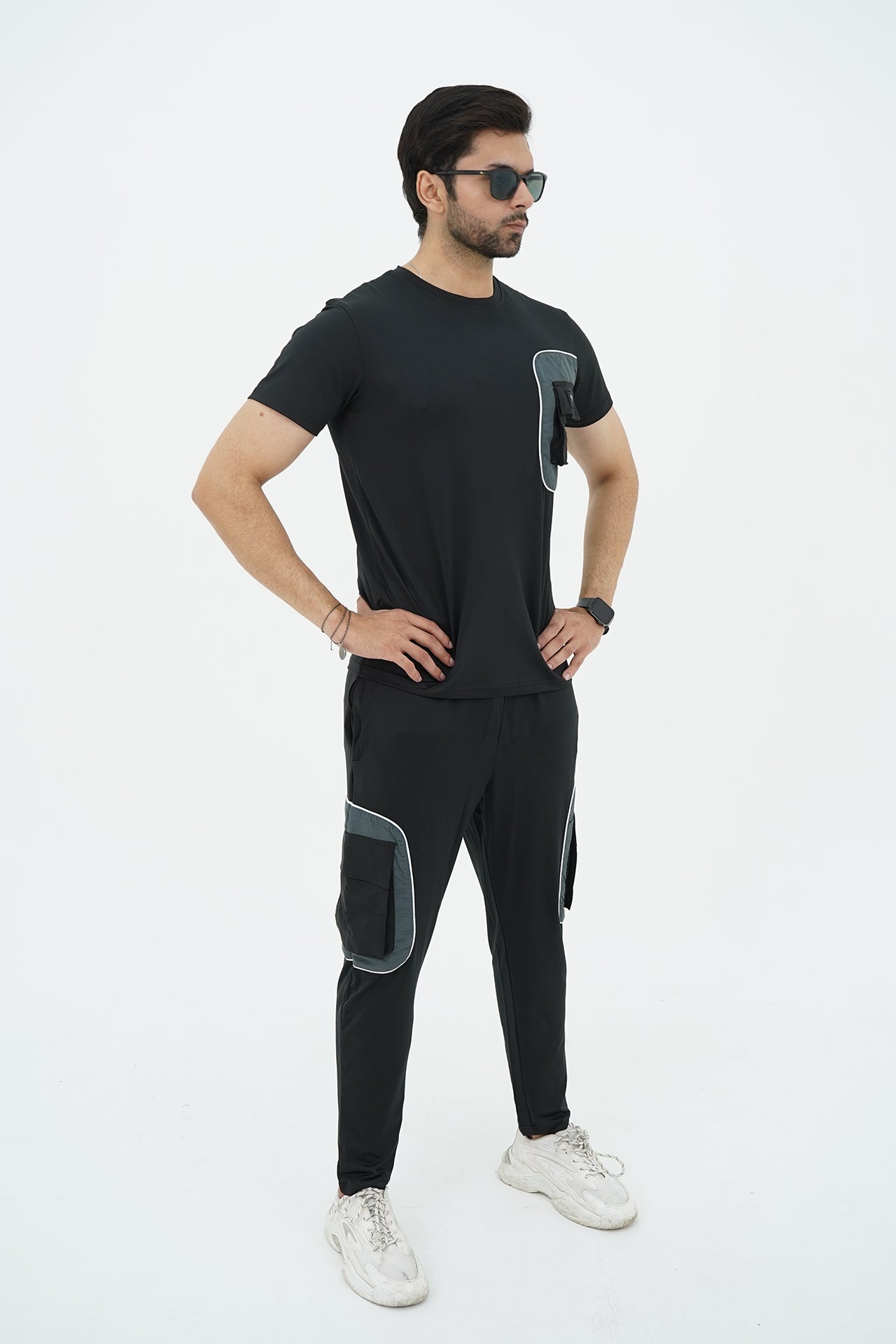 Black Spandex Dri Fit Grey panel Cargo Tracksuit