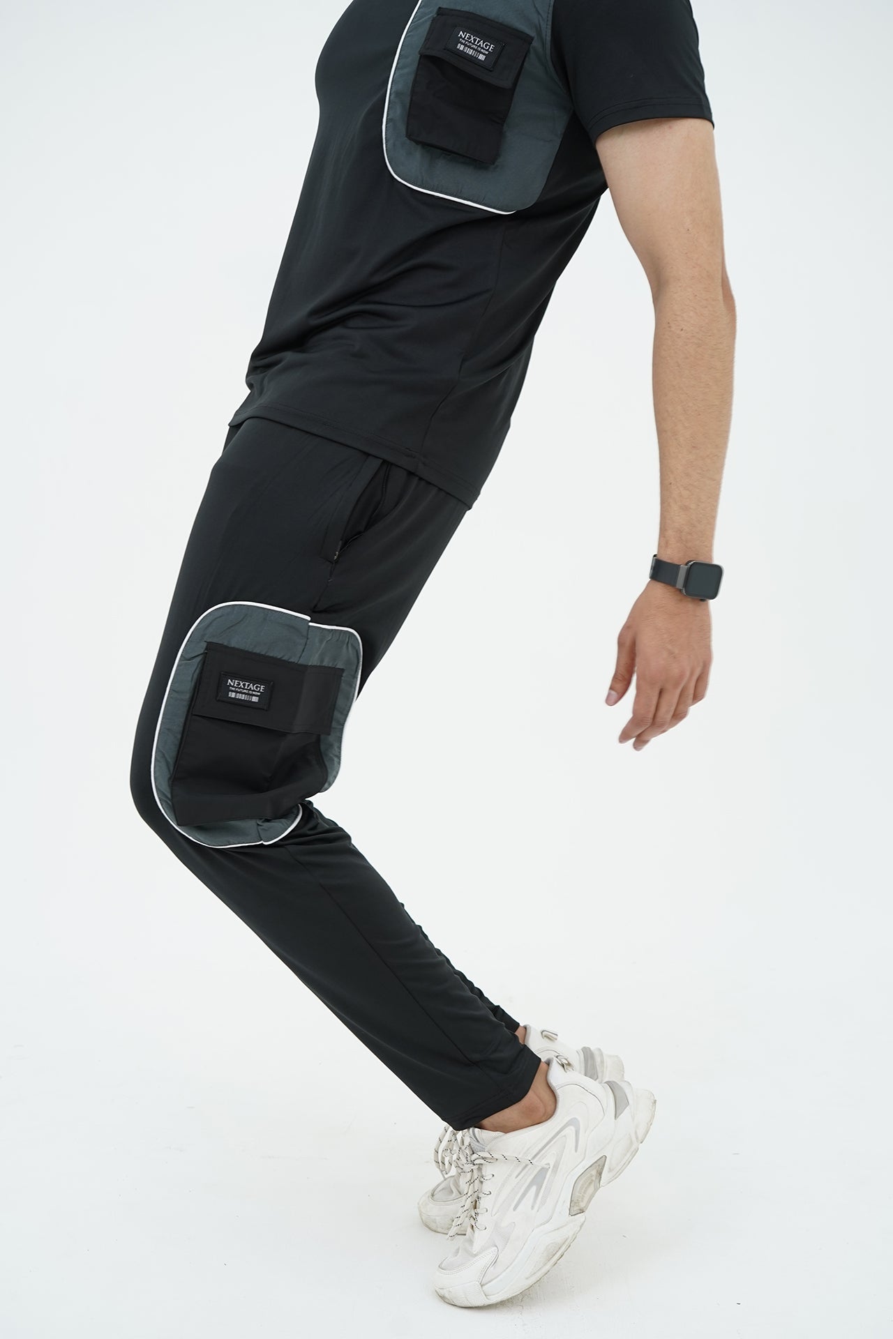 Black Spandex Dri Fit Grey panel Cargo Tracksuit