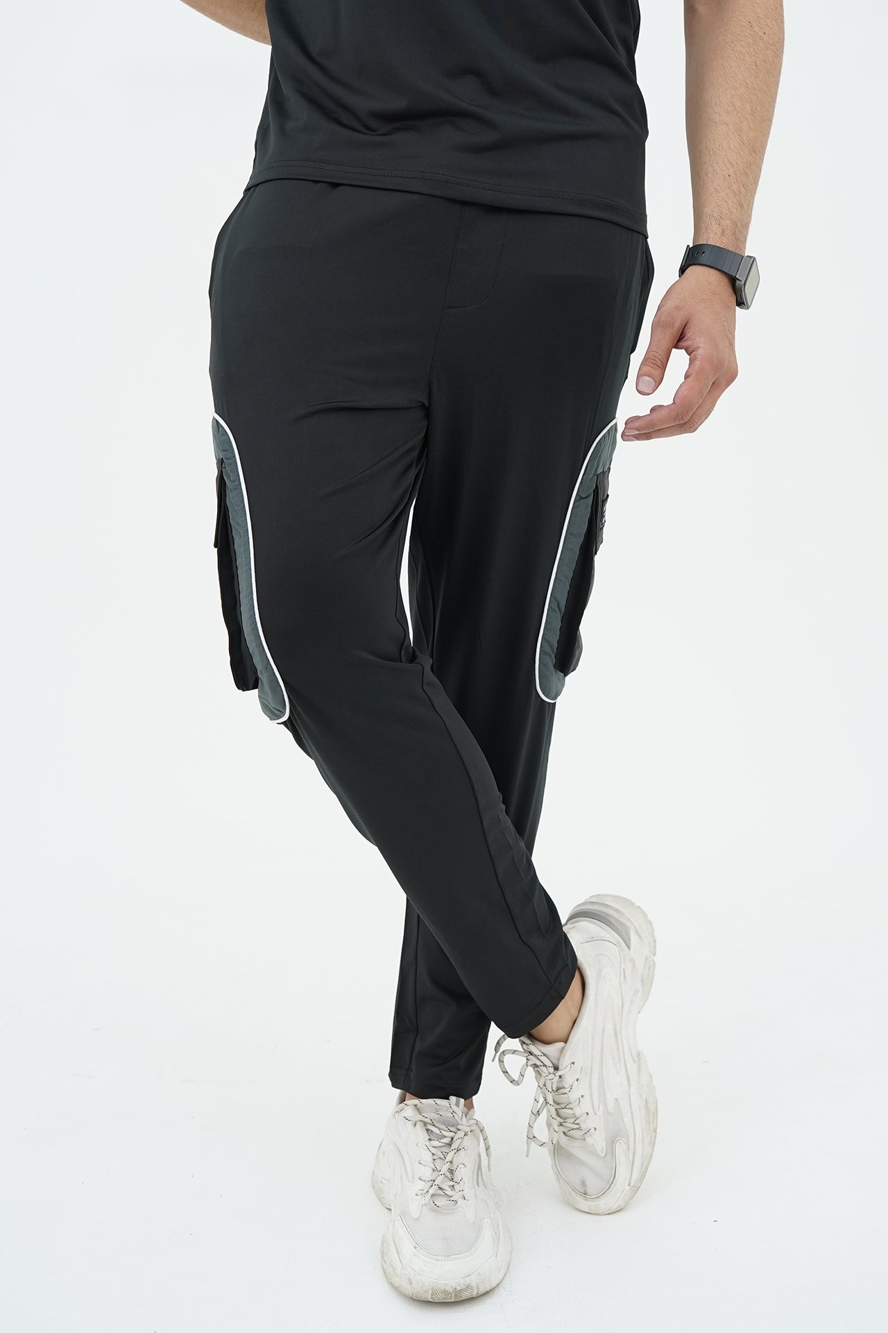 Black Spandex Dri Fit Grey panel Cargo Tracksuit