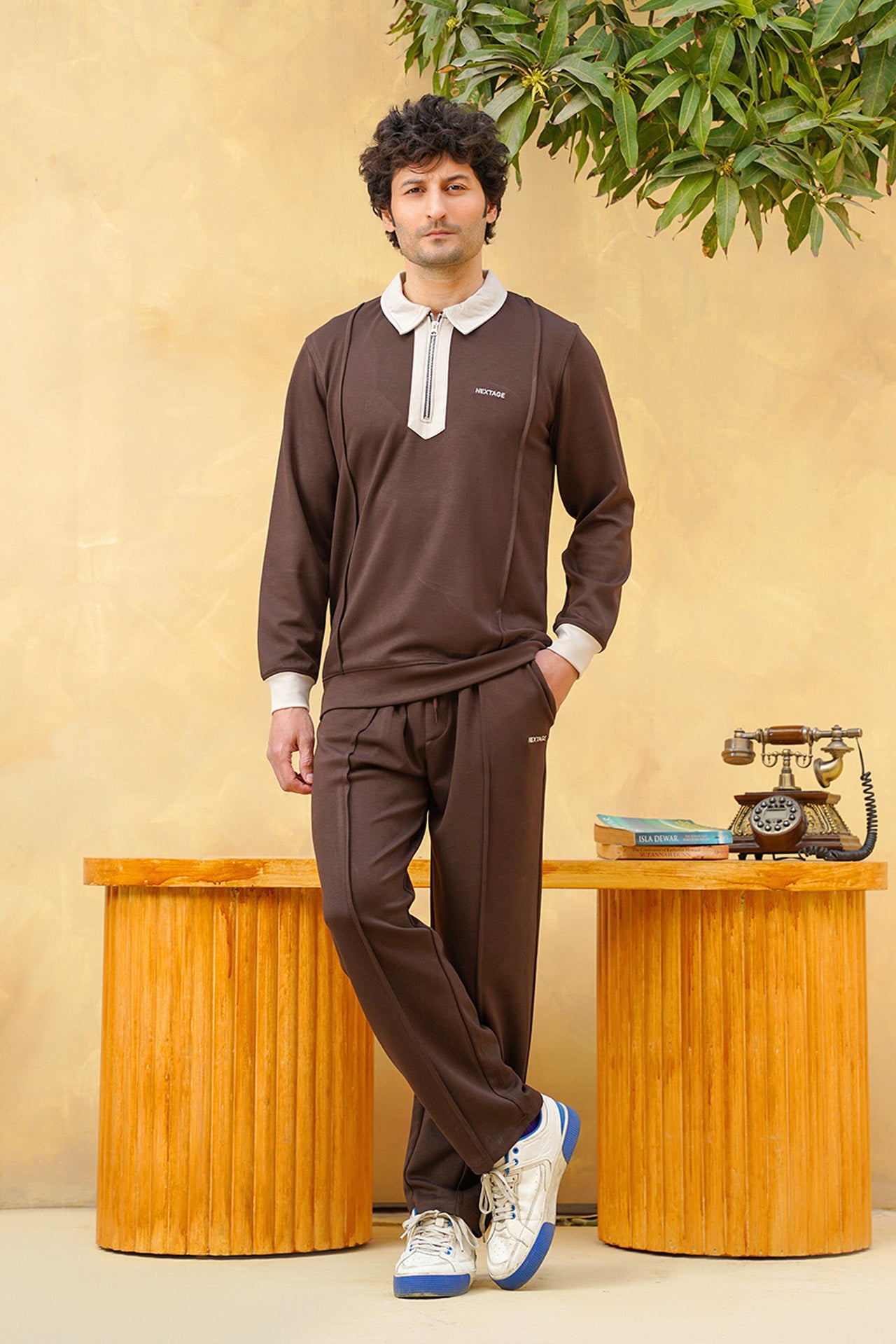 Brown Viscose Half Zip Contrast Collar Tracksuit