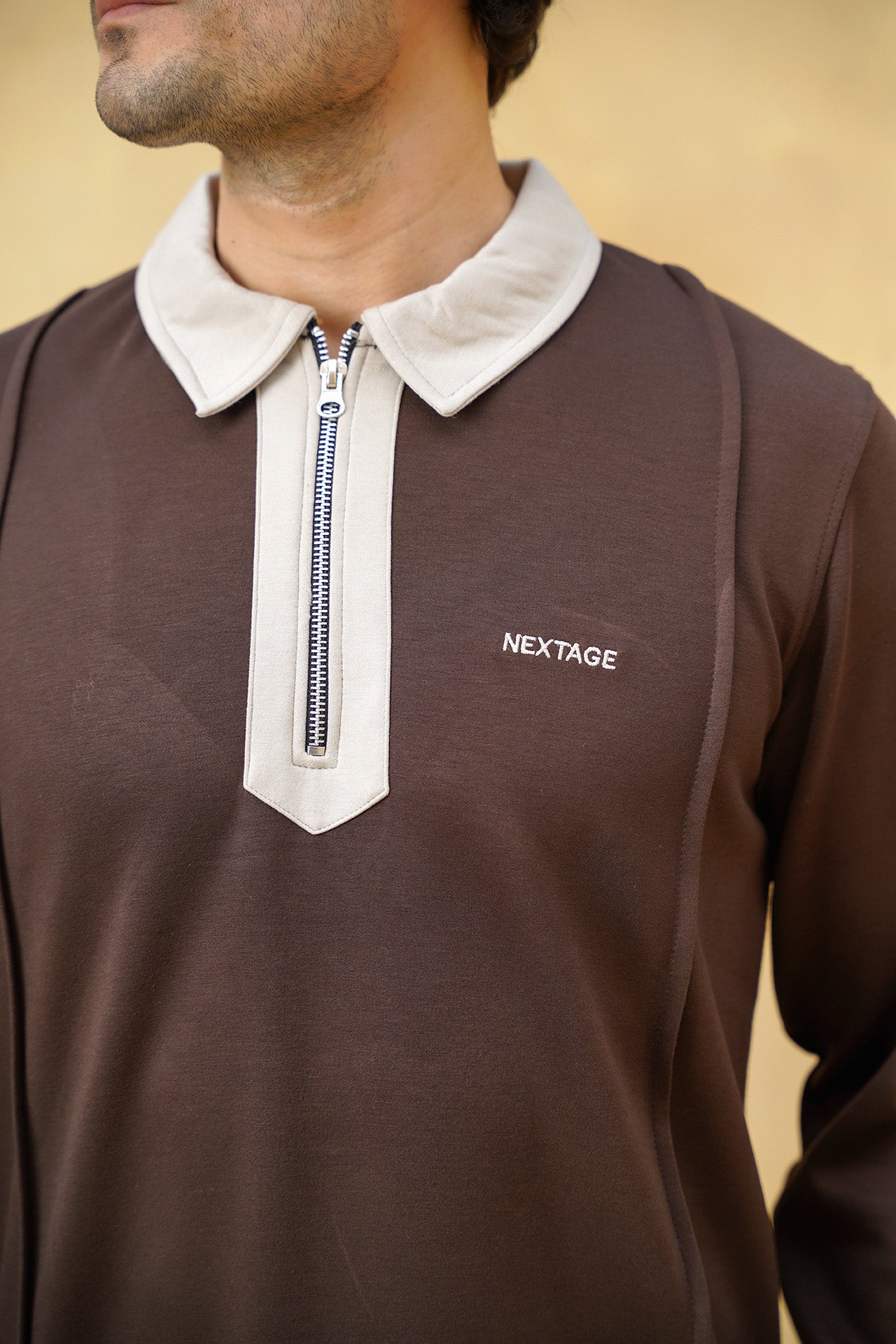 Brown Viscose Half Zip Contrast Collar Tracksuit
