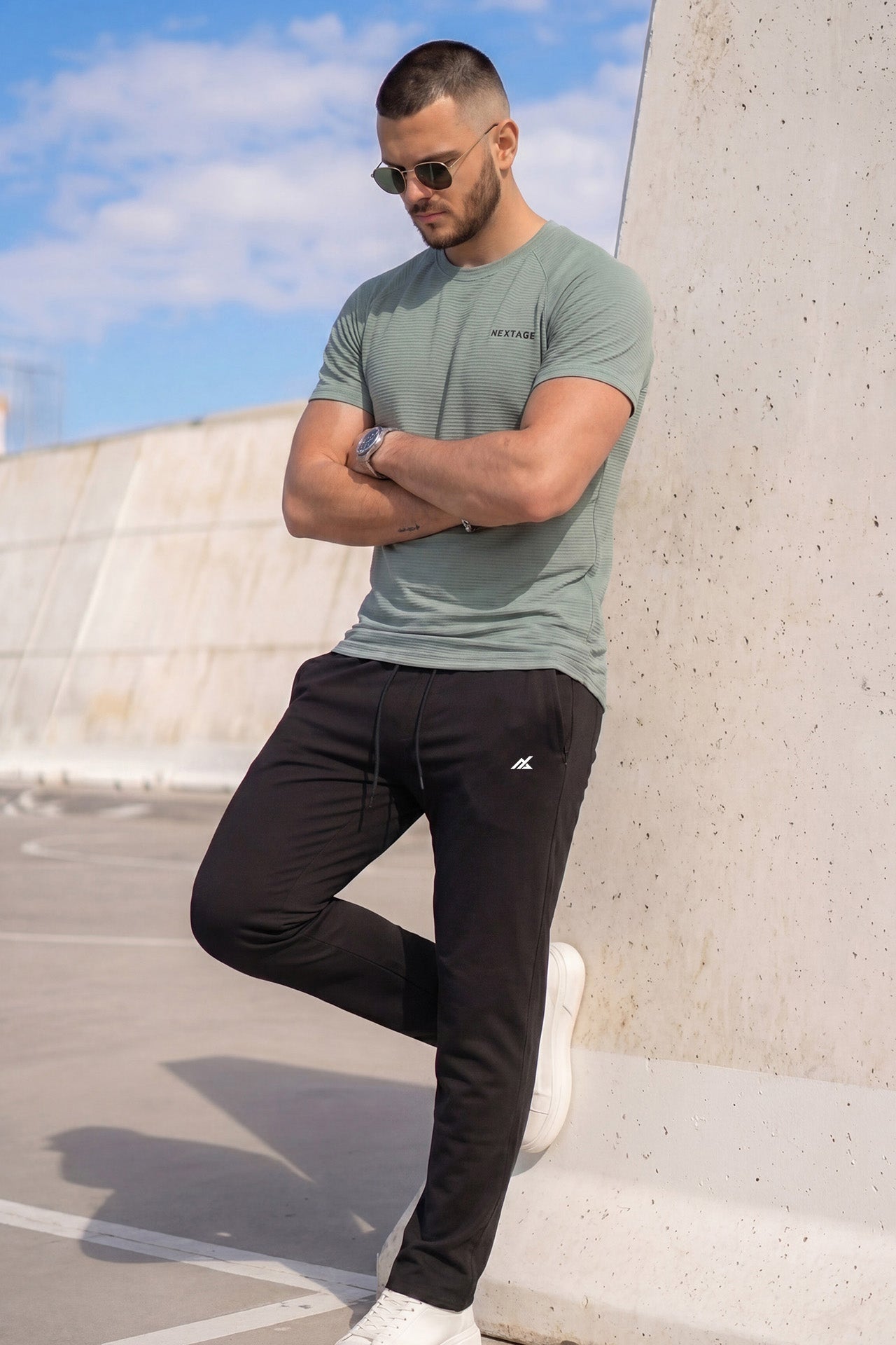 Sage Green Nylon Mesh Crew Neck Tracksuit