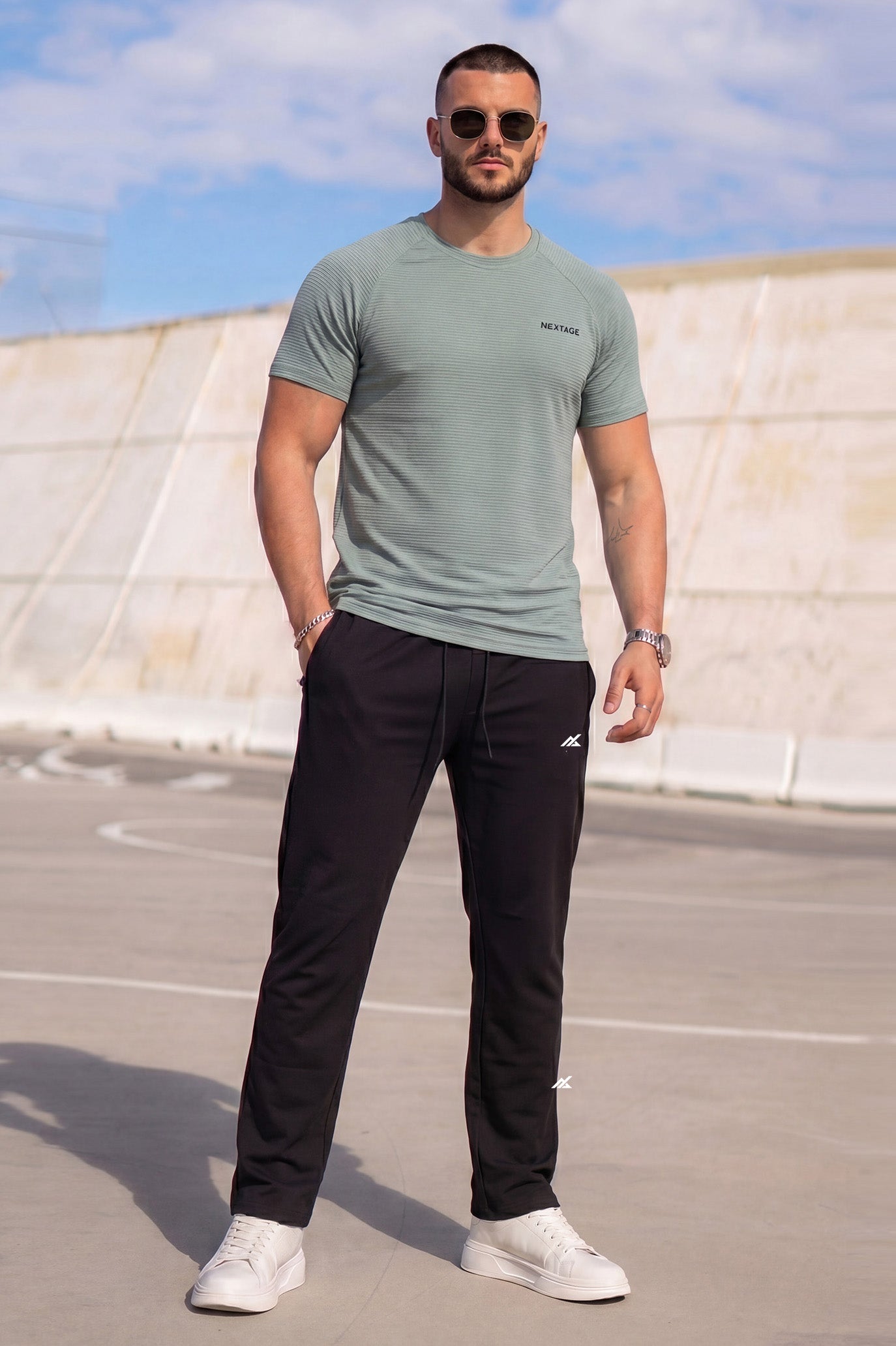 Sage Green Nylon Mesh Crew Neck Tracksuit