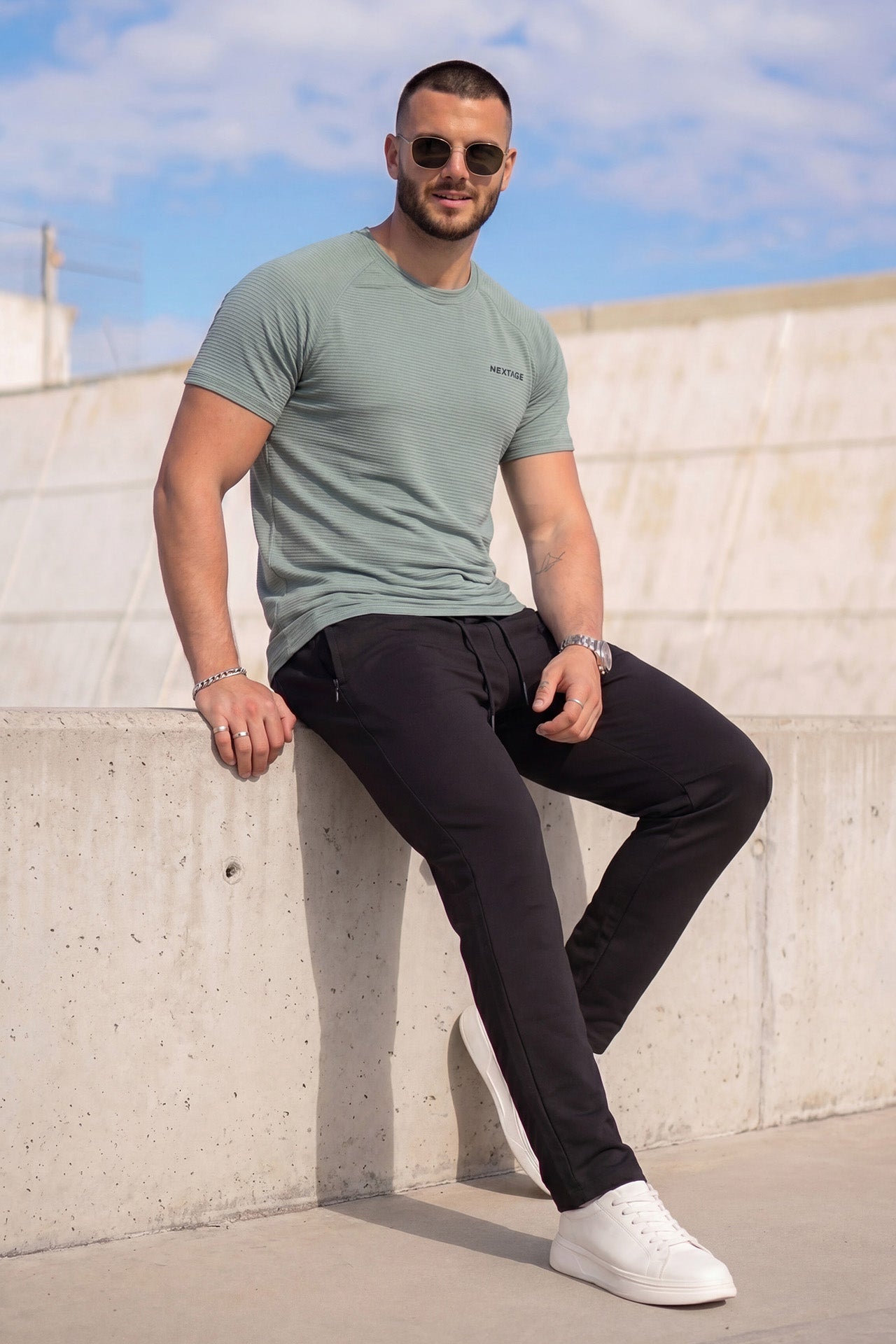 Sage Green Nylon Mesh Crew Neck Tracksuit