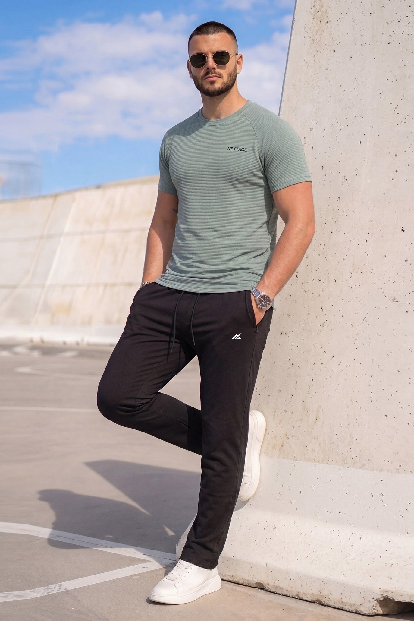 Sage Green Nylon Mesh Crew Neck Tracksuit