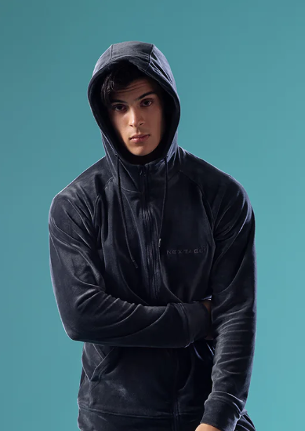 Steel Grey Nextage Slogan Velour Hoodie