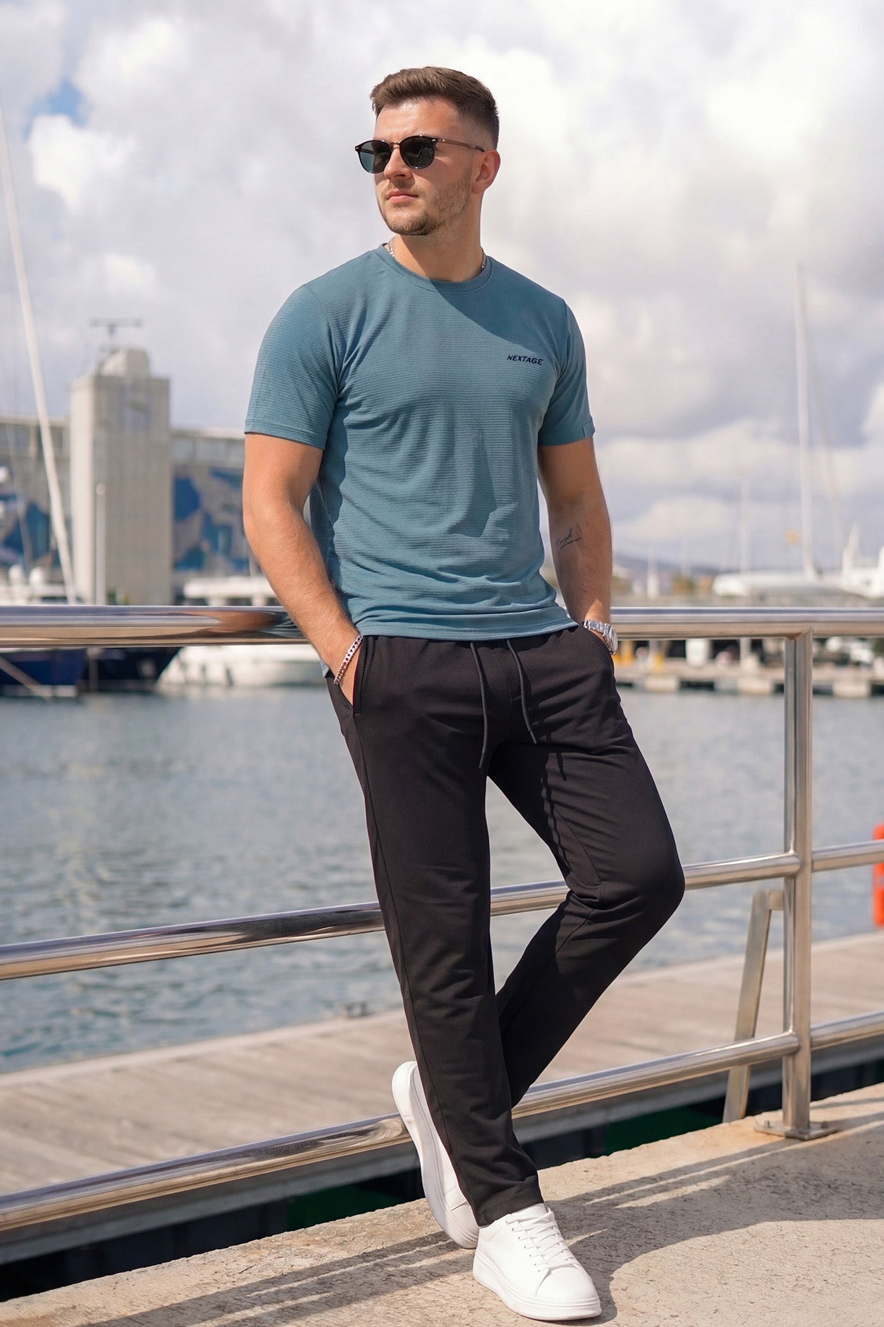 Premium Teal Mesh Crew Neck Tracksuit