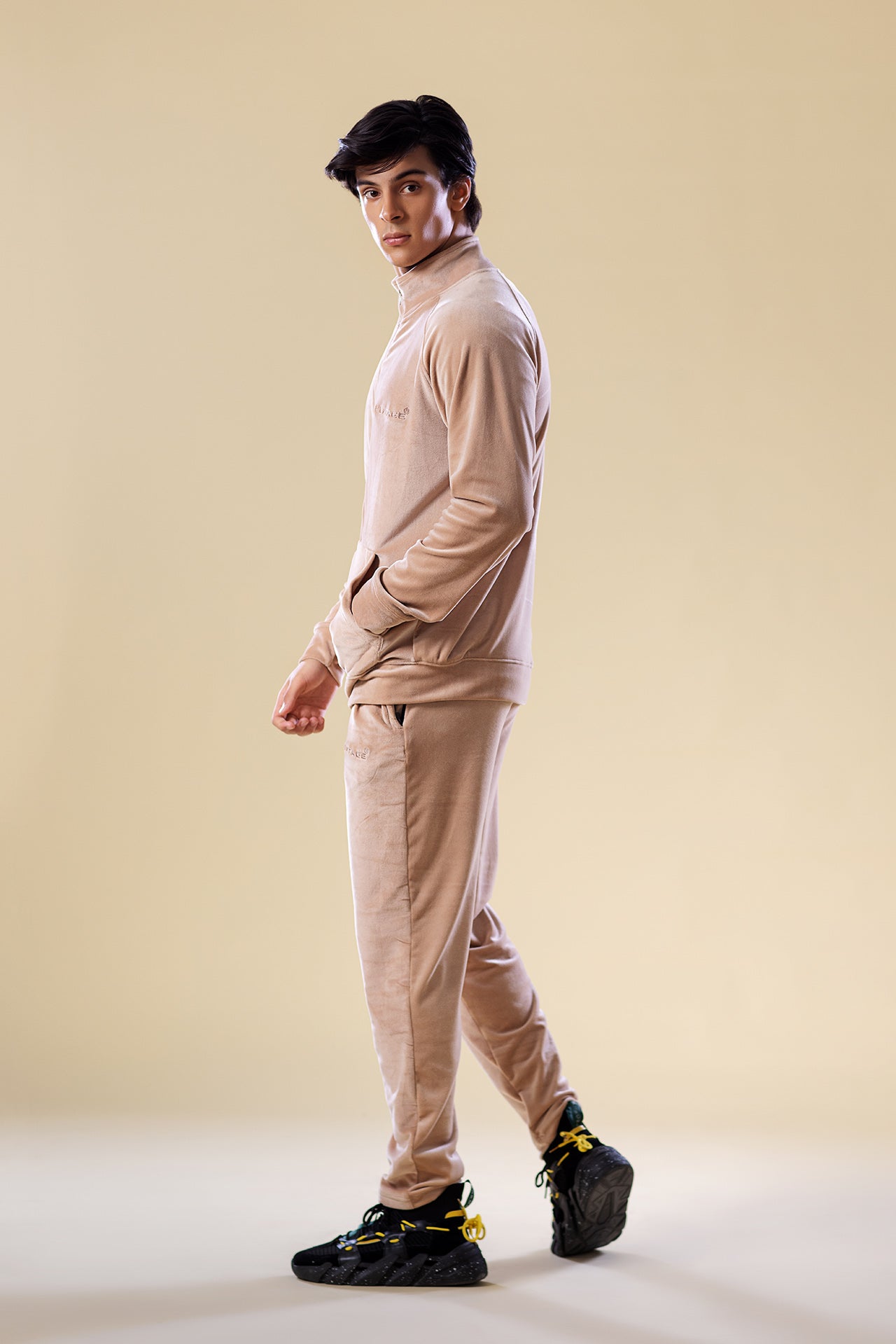 beige nextage slogan velour tracksuit, velvet tracksuit in pakistan,