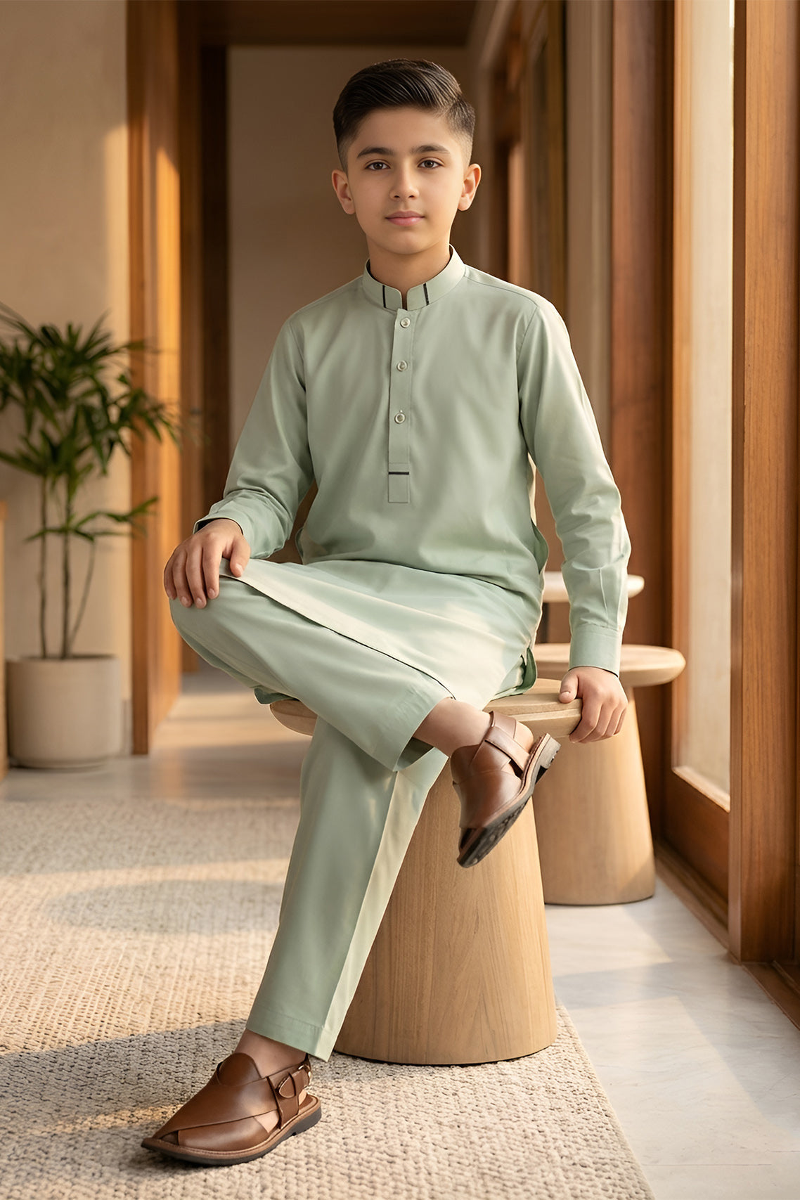 soft green designer kurta shalwar set- sitting view