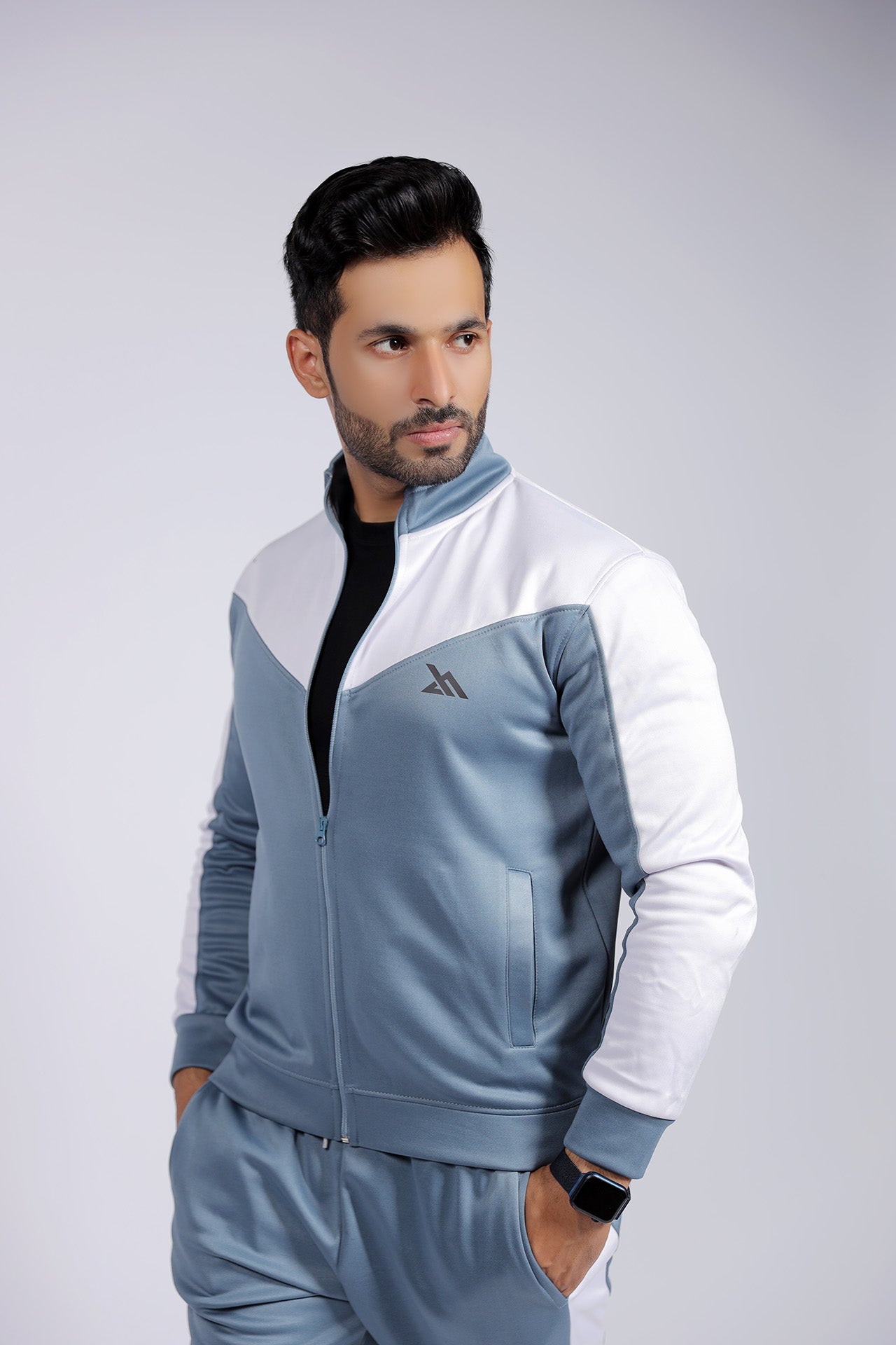 dusty blue contrass slogan mens witner tracksuit,