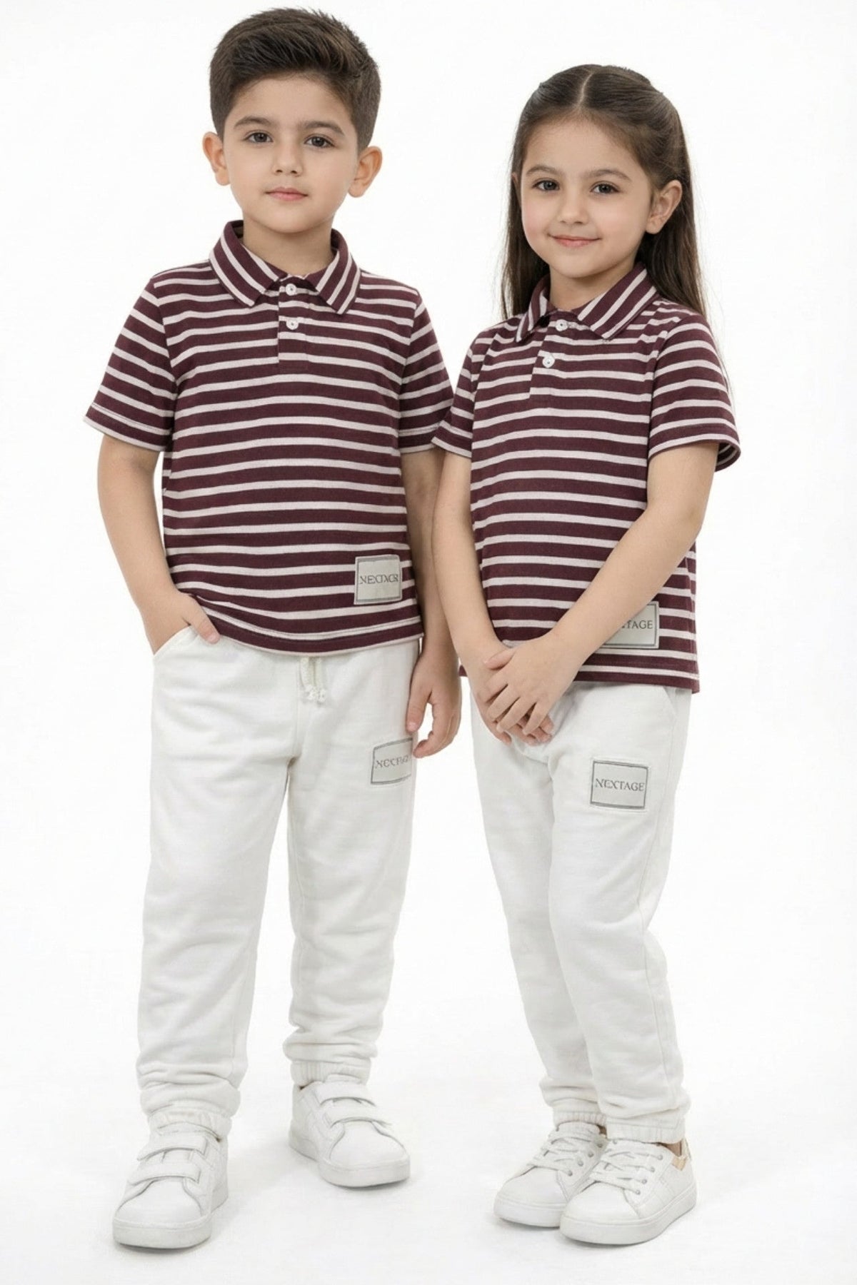 Front view of Nextage kids maroon and white striped polo co-ord set
