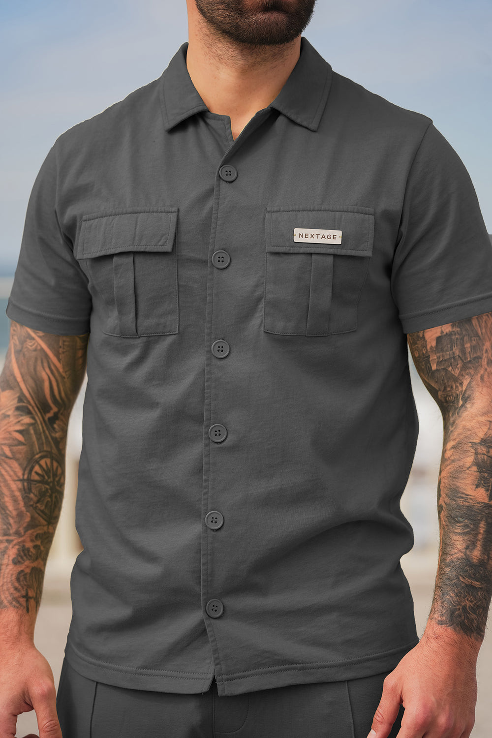 Nextage Front Pocket Detail Charcoal Shirt