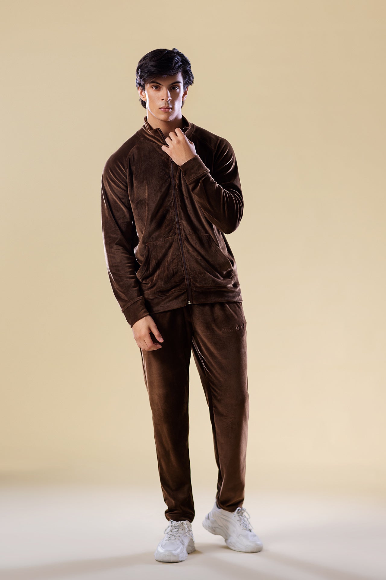 men brown velour tracksuit set,