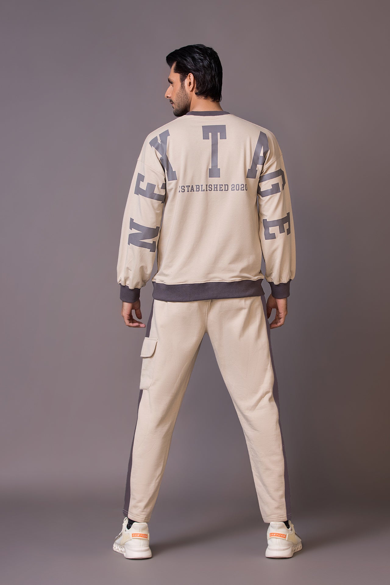 Nextage back print sand oversized tracksuit, Crew Neck, Drop Shoulder Sweatshirt,