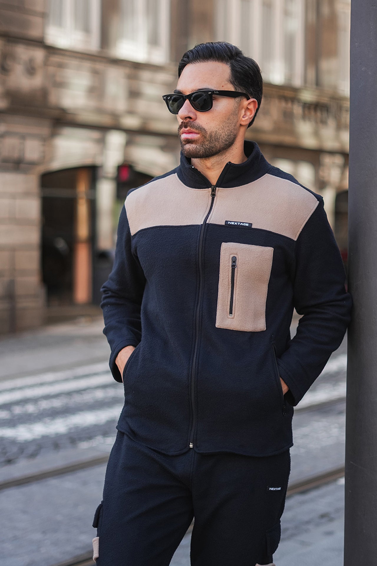 Black Contrast Polar Fleece Cargo Tracksuit for Men's,