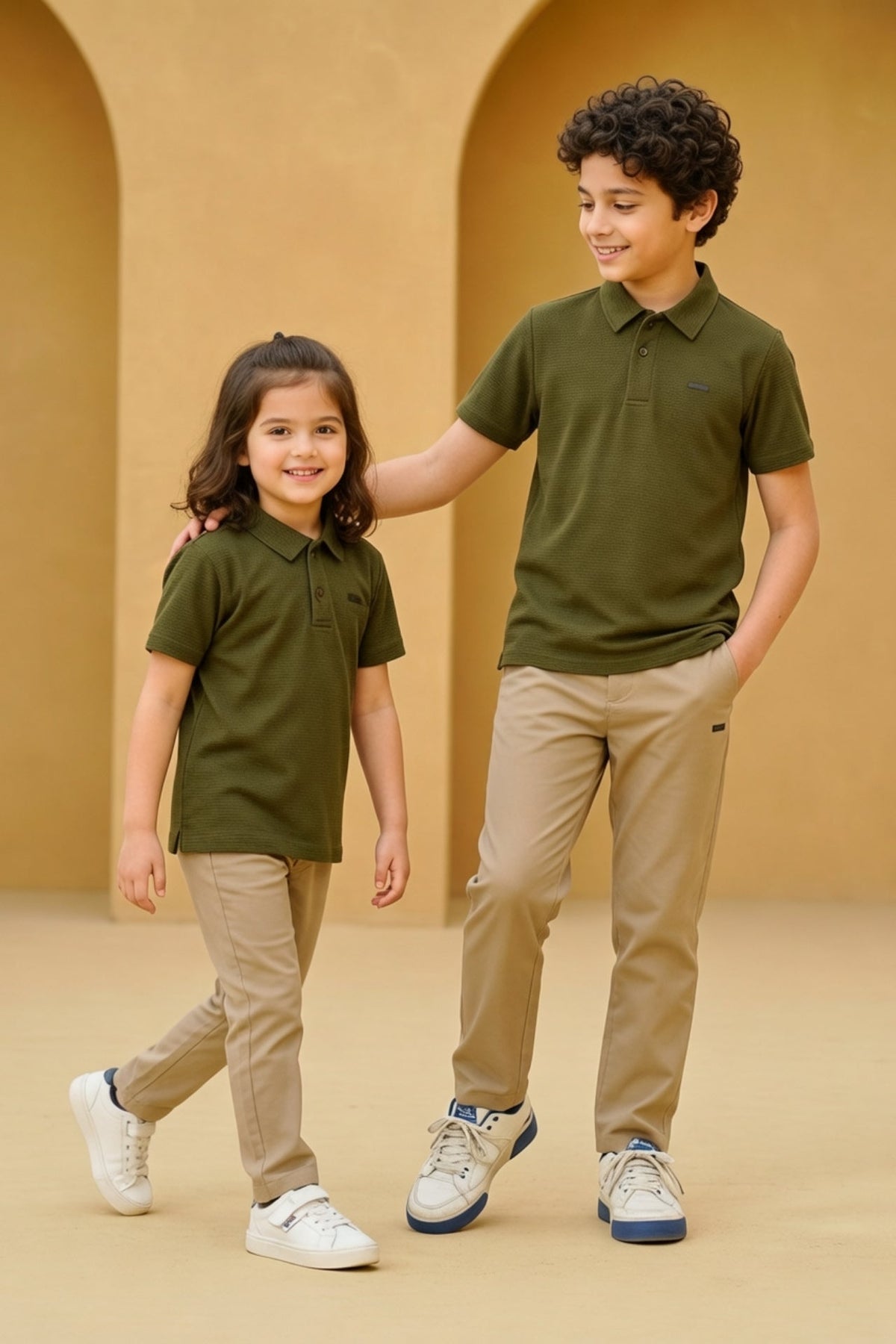 Premium Kids Olive Textured Polo Set Image 2