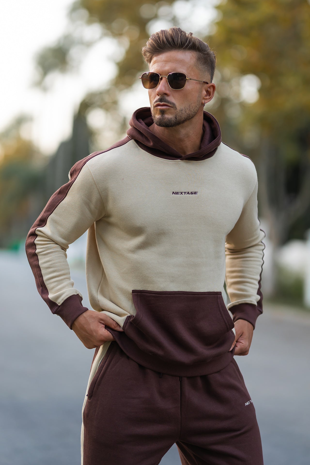 Nextage Beige Brown Cotton Fleece Tracksuit