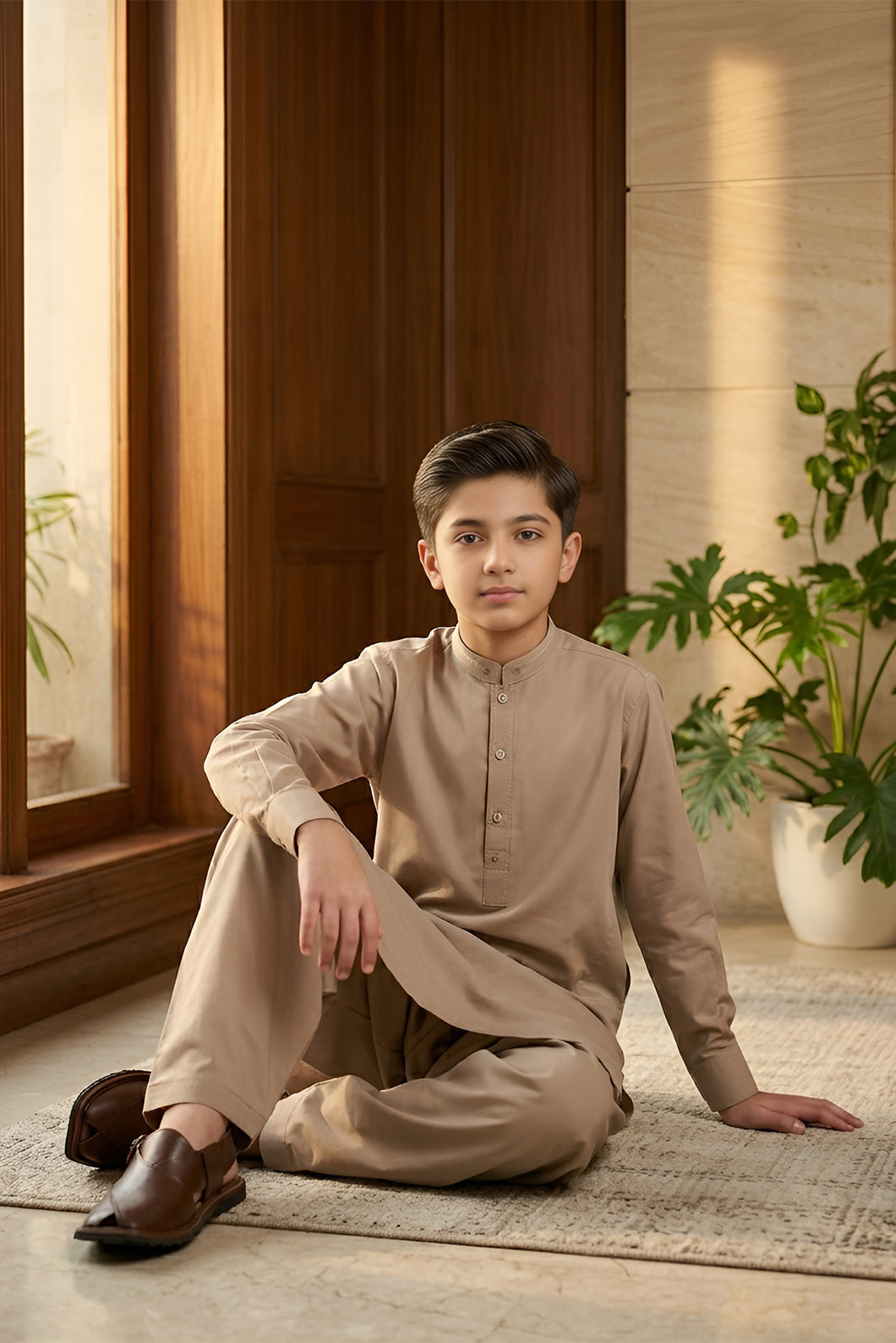 Close-up fabric texture camel beige kids outfit