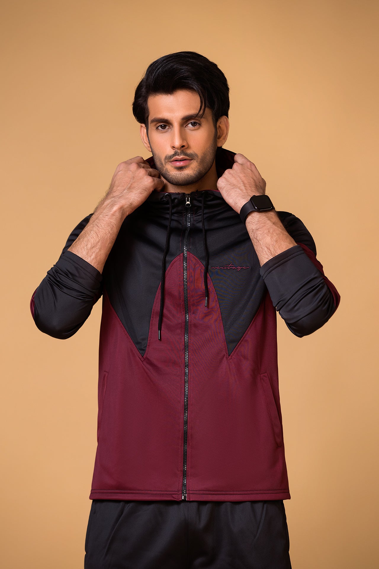 signature-embroidered logo maroon black tracksuit in pakistan,