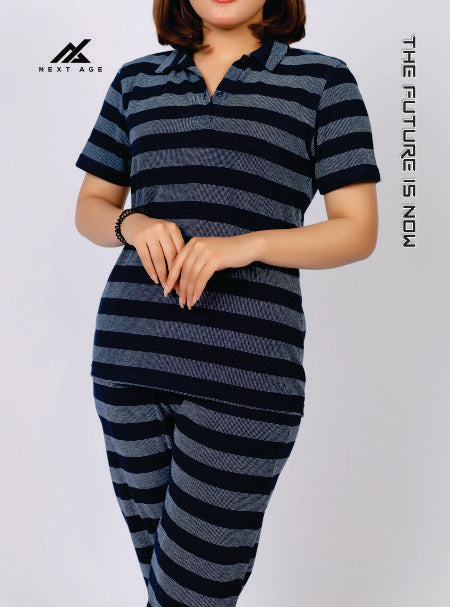 Knitted Stripe Collar Detail Half Sleeve T-Shirt