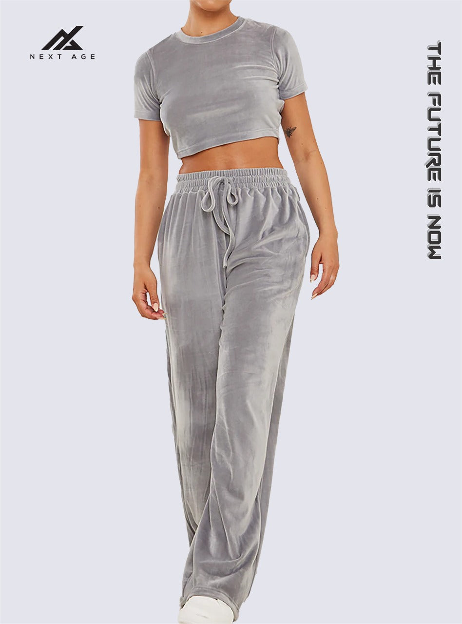 Grey Velour Cropped Tee & Wide Leg Jogger