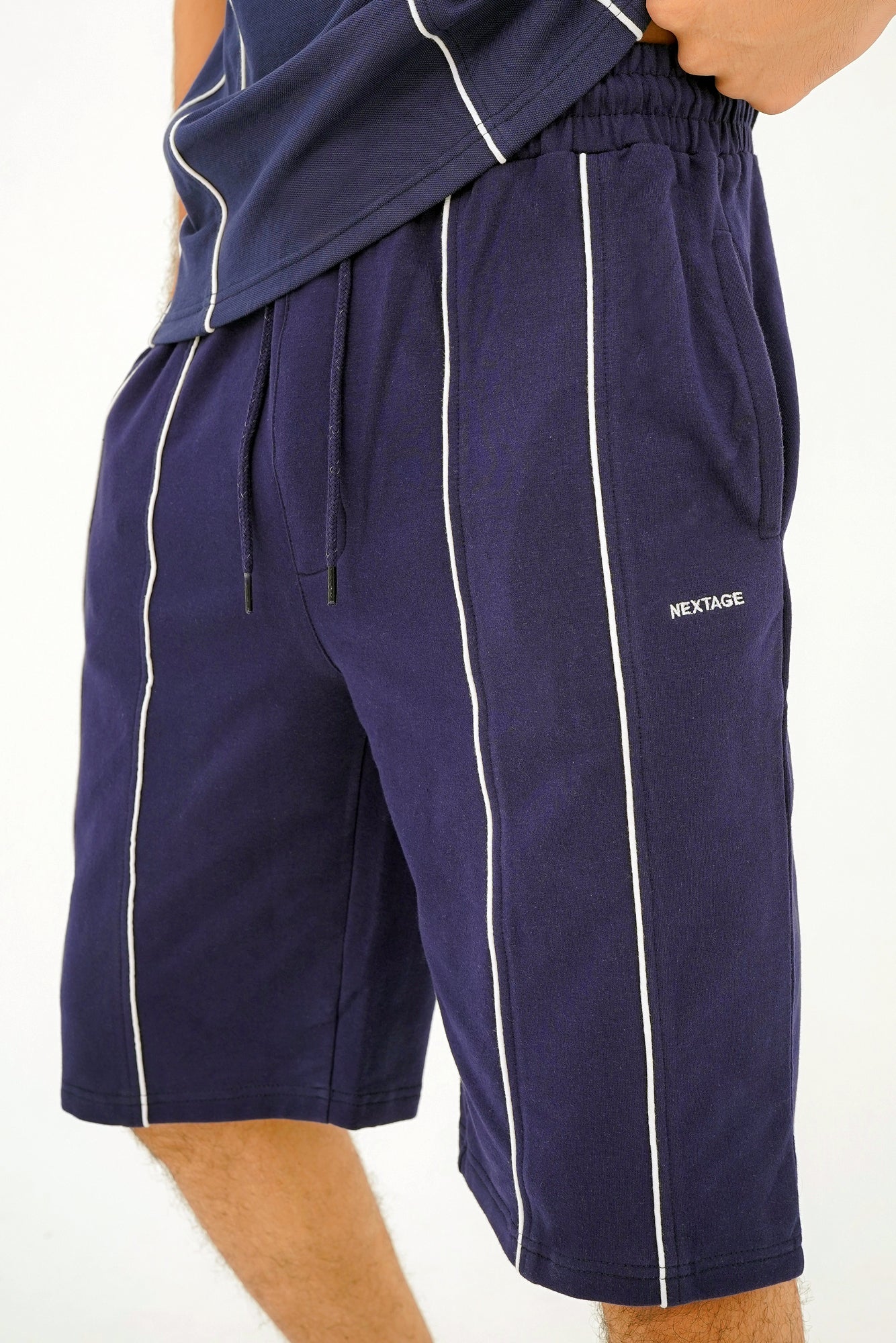 Navy Blue Piping Stripe Short Set