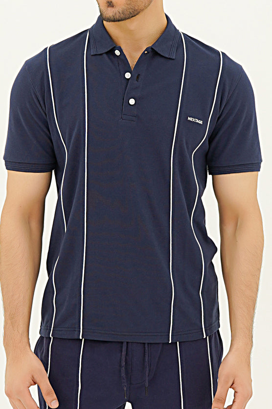 Navy Blue Piping Stripe Short Set