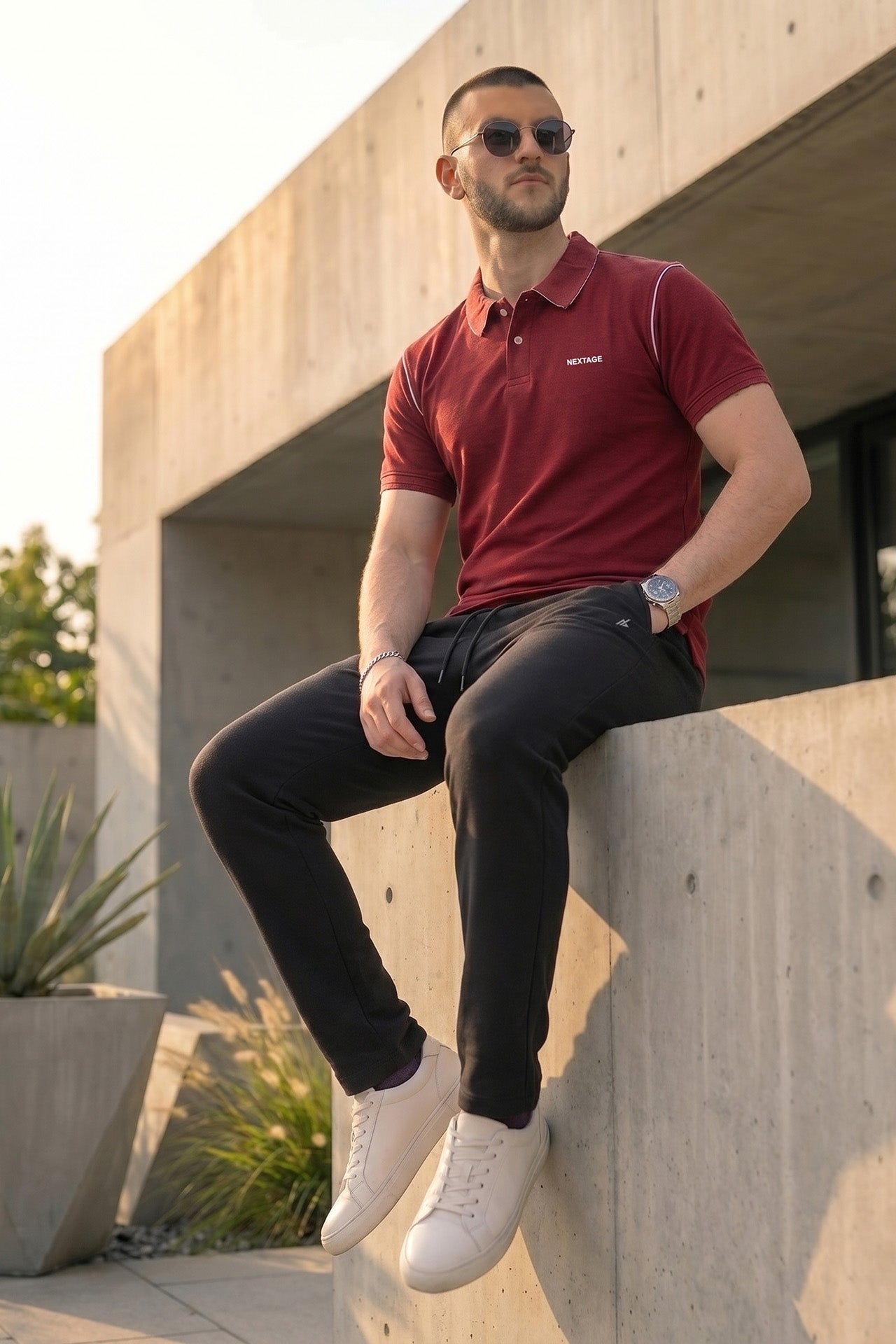 Nextage Maroon Piping Pique Polo Set