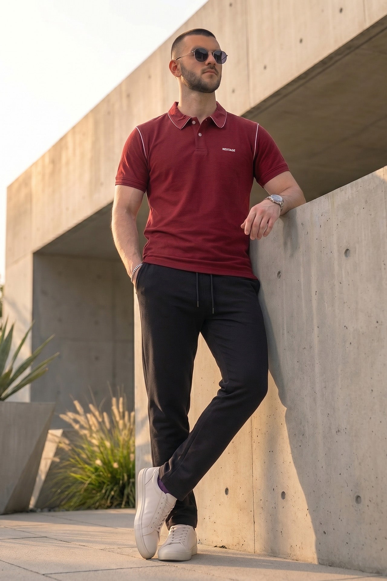 Nextage Maroon Piping Pique Polo Set