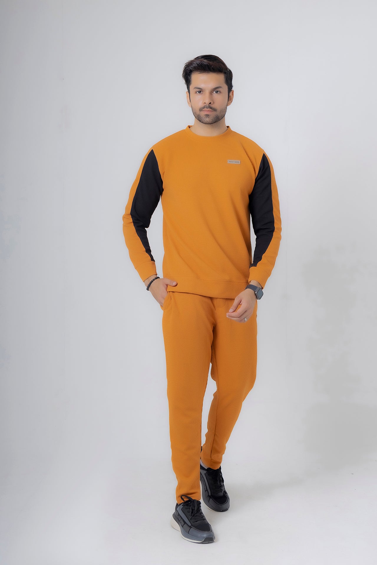 Nextage Tan Textured Metal Slogan Slim Fit Tracksuit