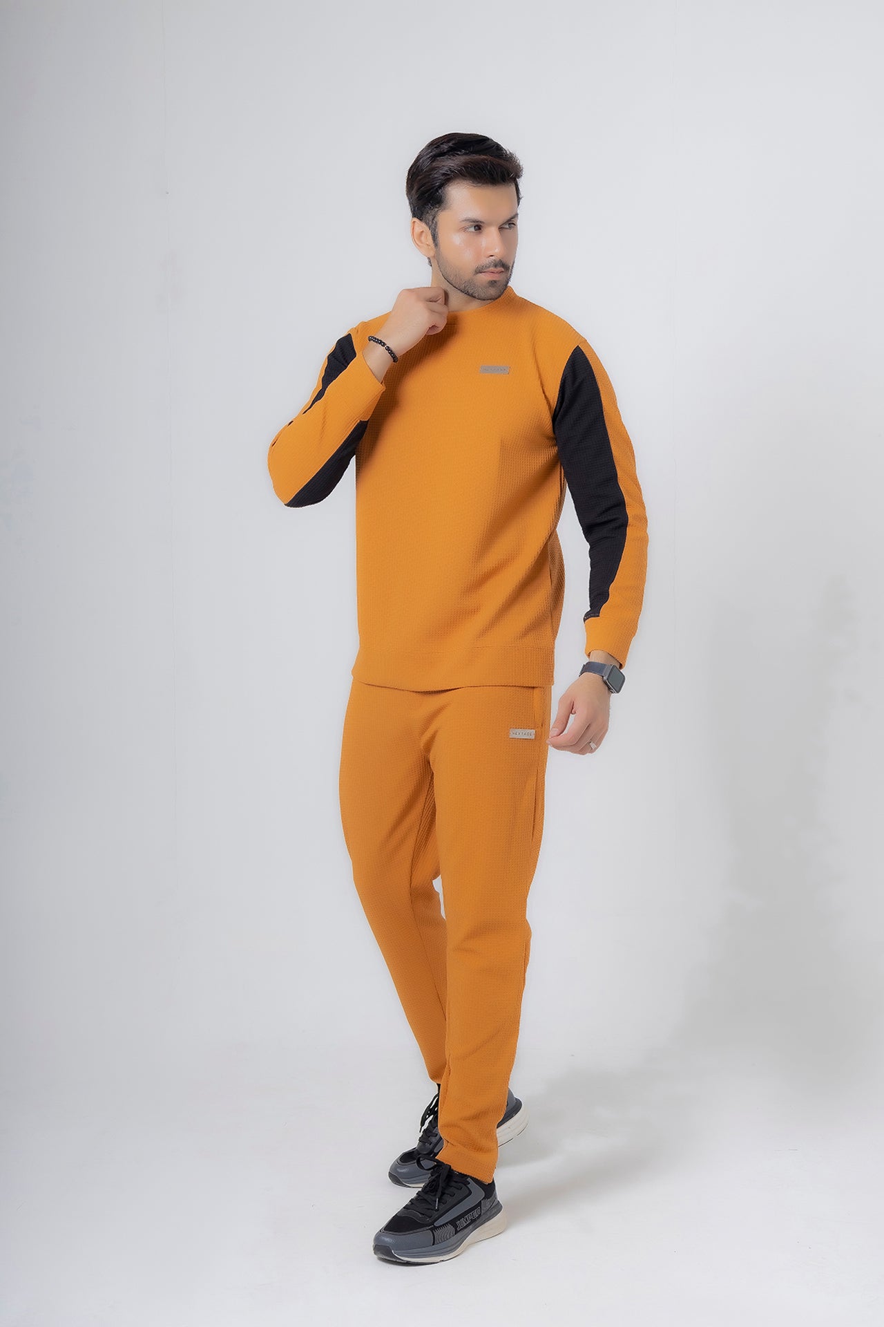 Nextage Tan Textured Metal Slogan Slim Fit Tracksuit
