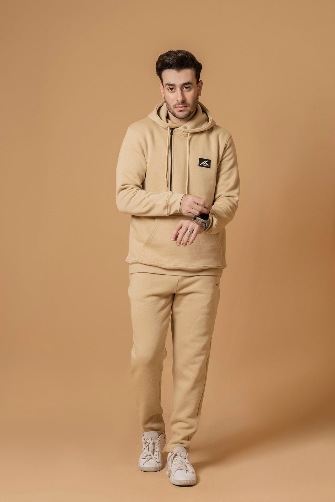 Oatmeal Unique Zipper Slogan Hooded Tracksuit