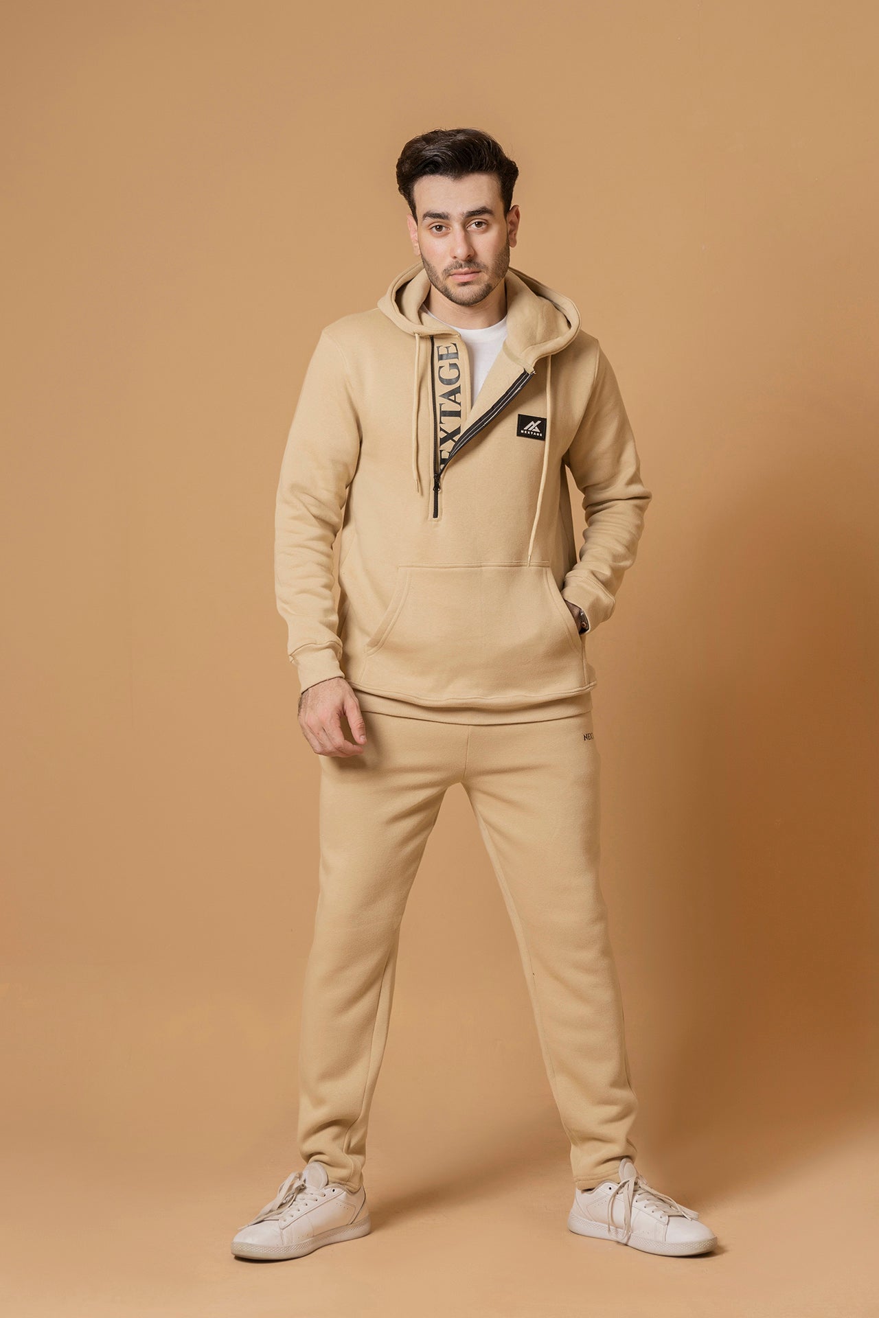 Oatmeal Unique Zipper Slogan Hooded Tracksuit