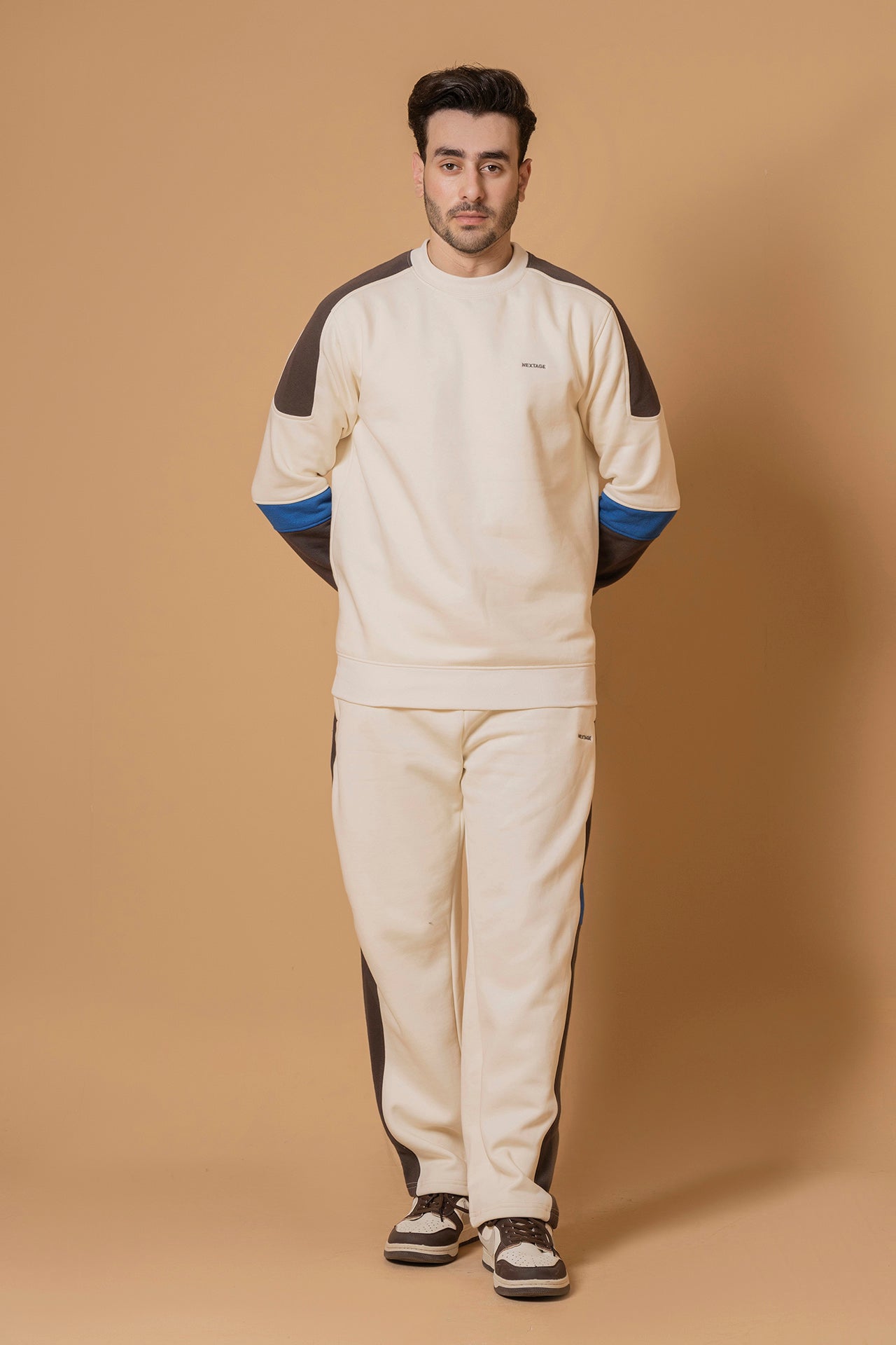 Contrast Cream Crew Neck Cotton Tracksuit