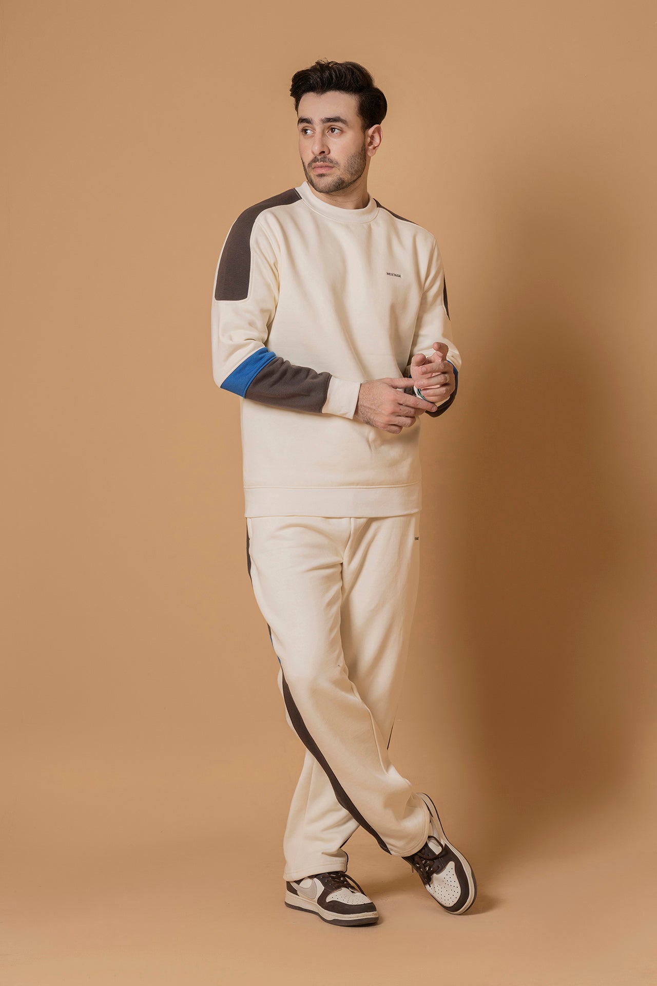 Contrast Cream Crew Neck Cotton Tracksuit