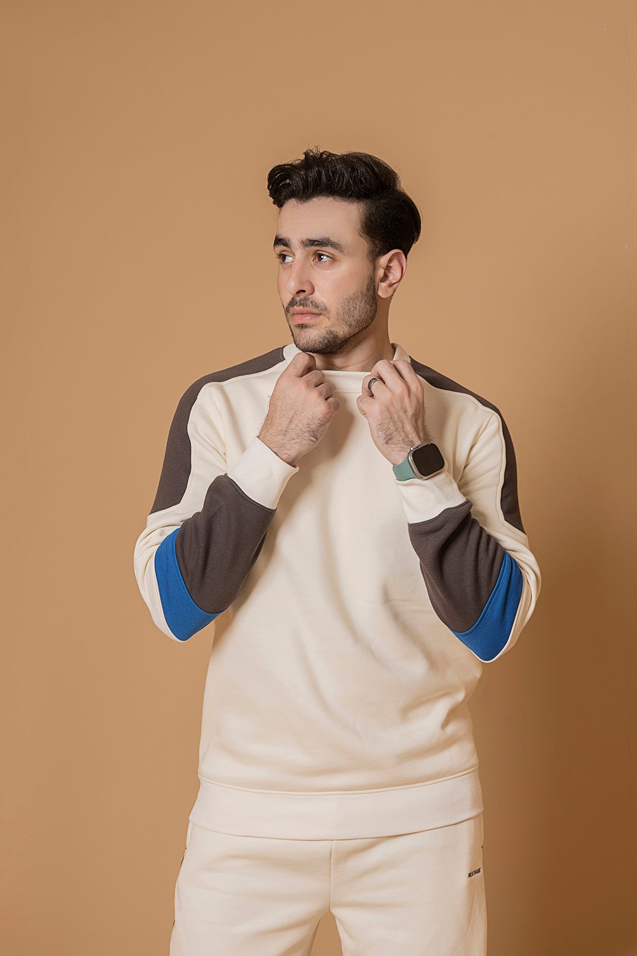 Contrast Cream Crew Neck Cotton Tracksuit