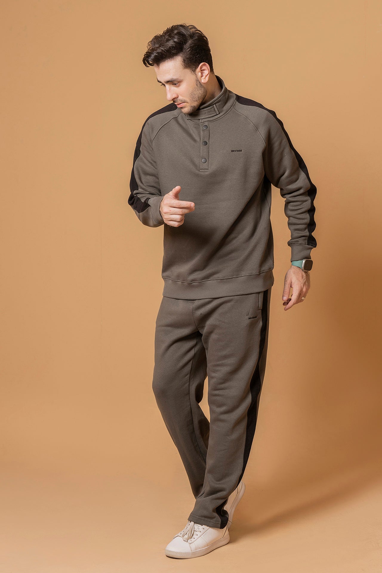 Olive Drab Funnel Popper Button Tracksuit