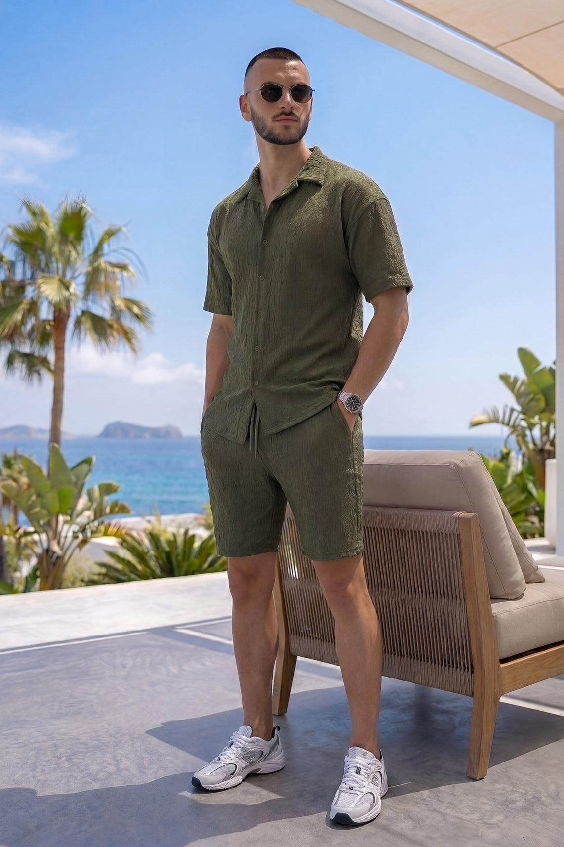 Men's Olive Jacquard Short Set