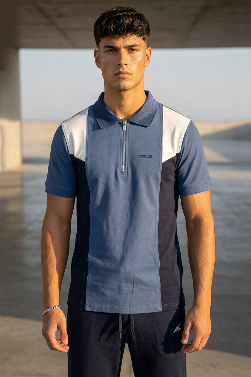 Navy Color Block Zip Neck Polo Tracksuit