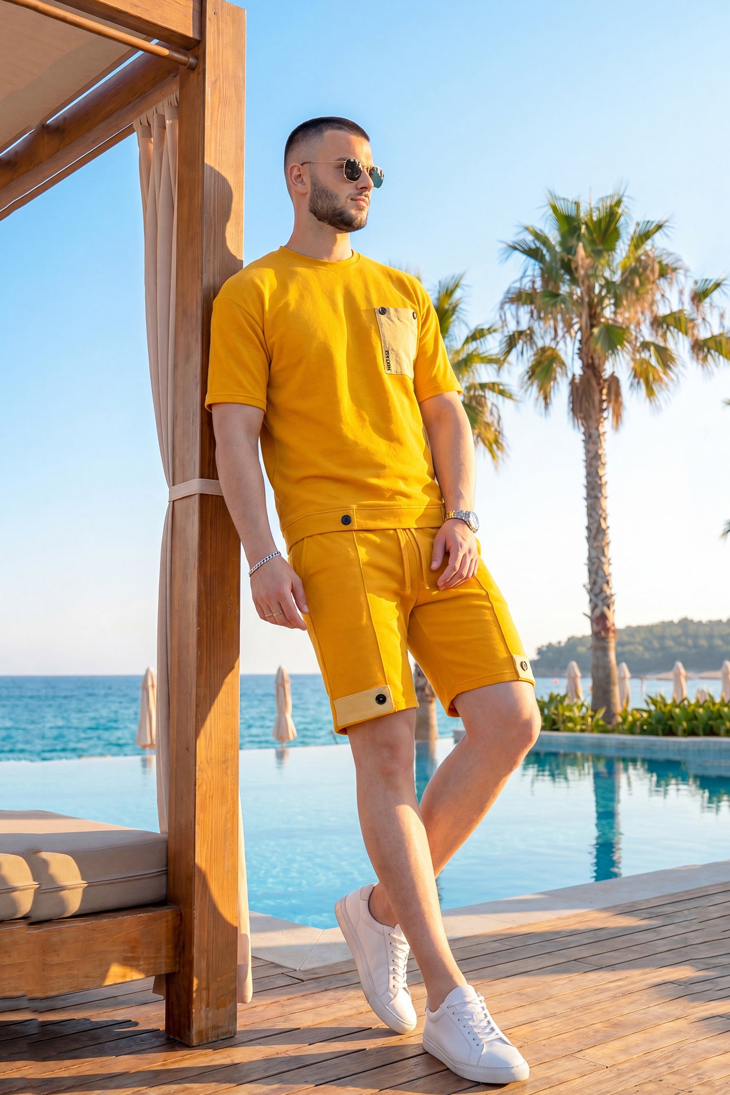 Nextage Mustard Yellow Contrast Pocket Short Set