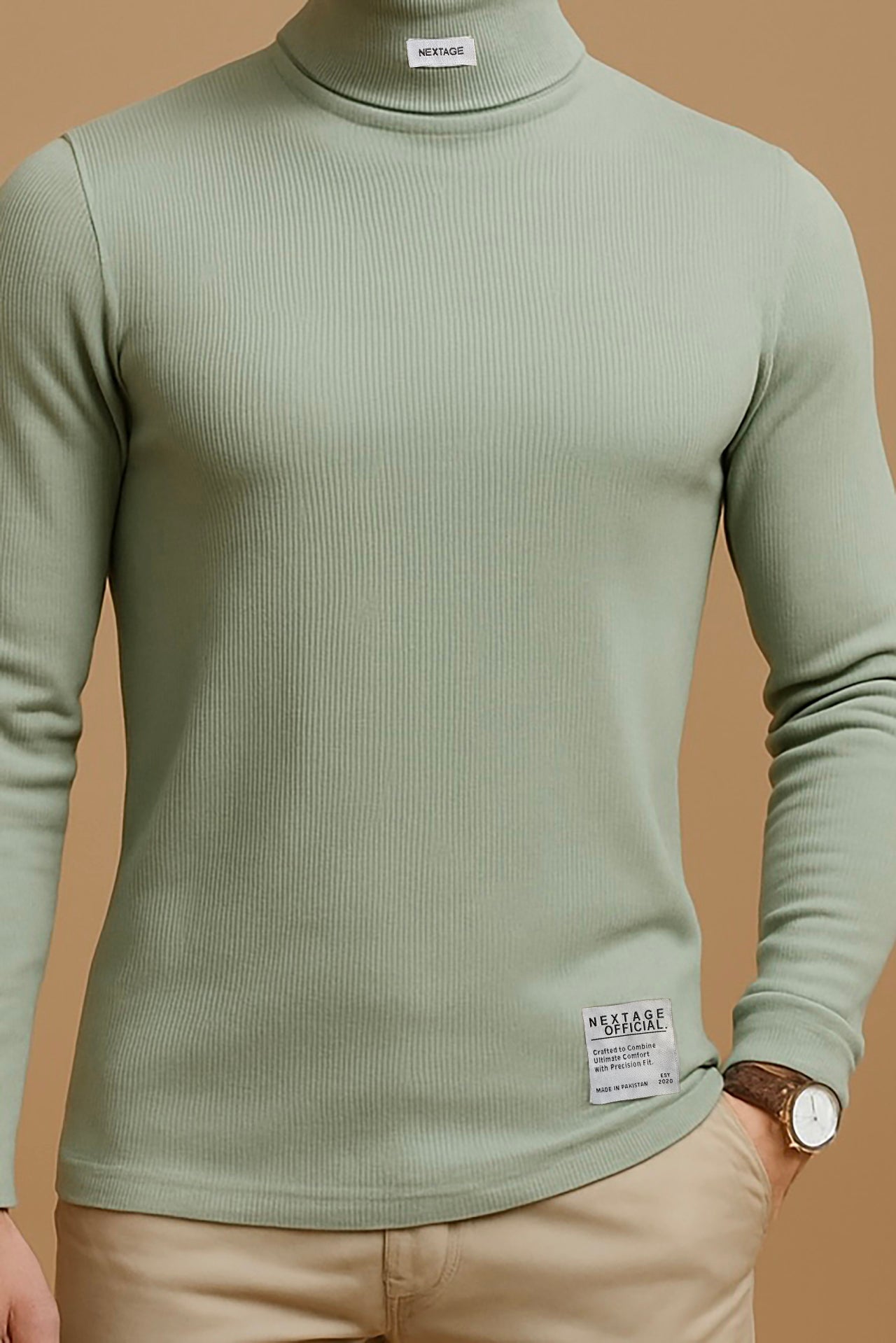 Nextage Sage Green Ribbed High Neck Shirt