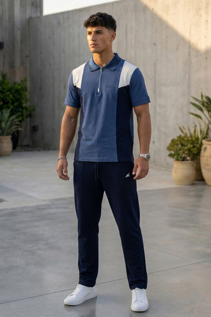 Navy Color Block Zip Neck Polo Tracksuit