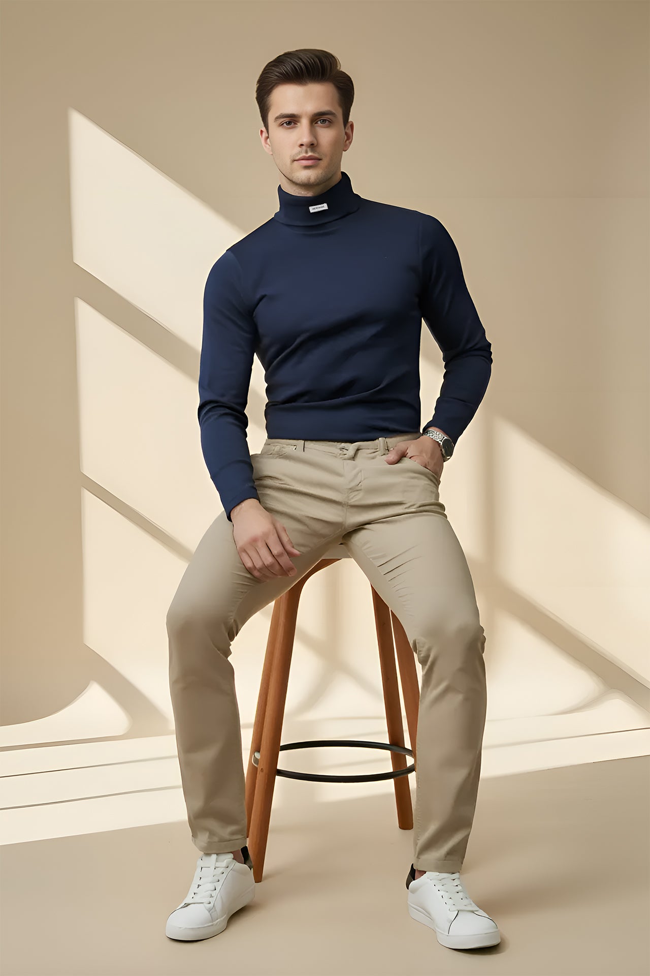 Nextage Blue Ribbed High Neck Shirt