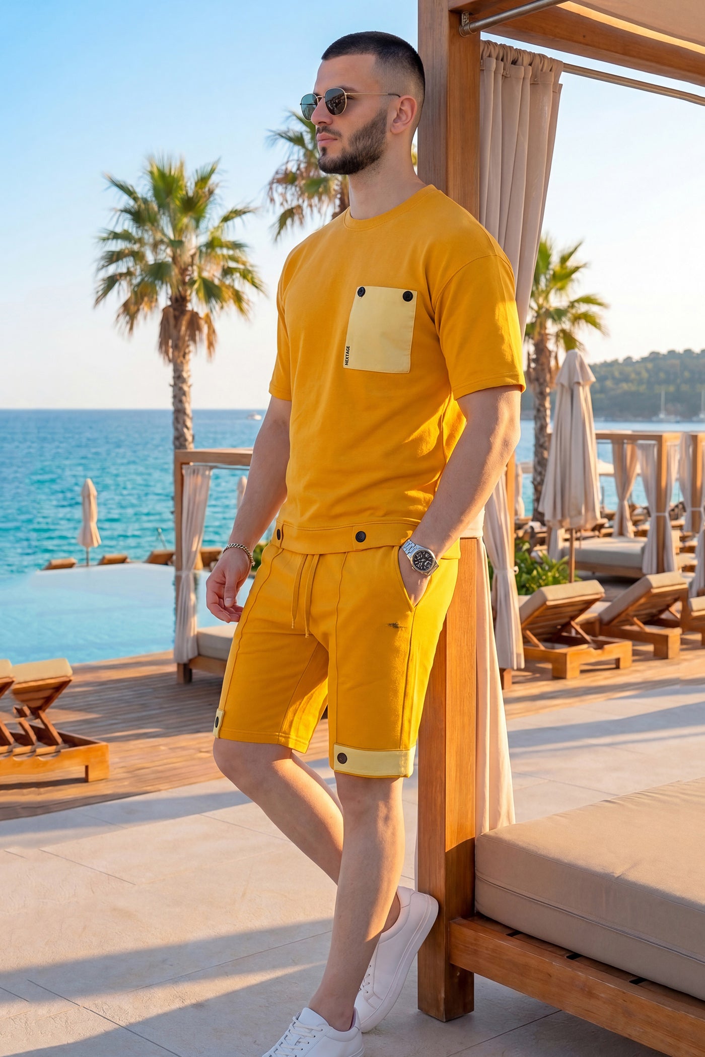 Nextage Mustard Yellow Contrast Pocket Short Set